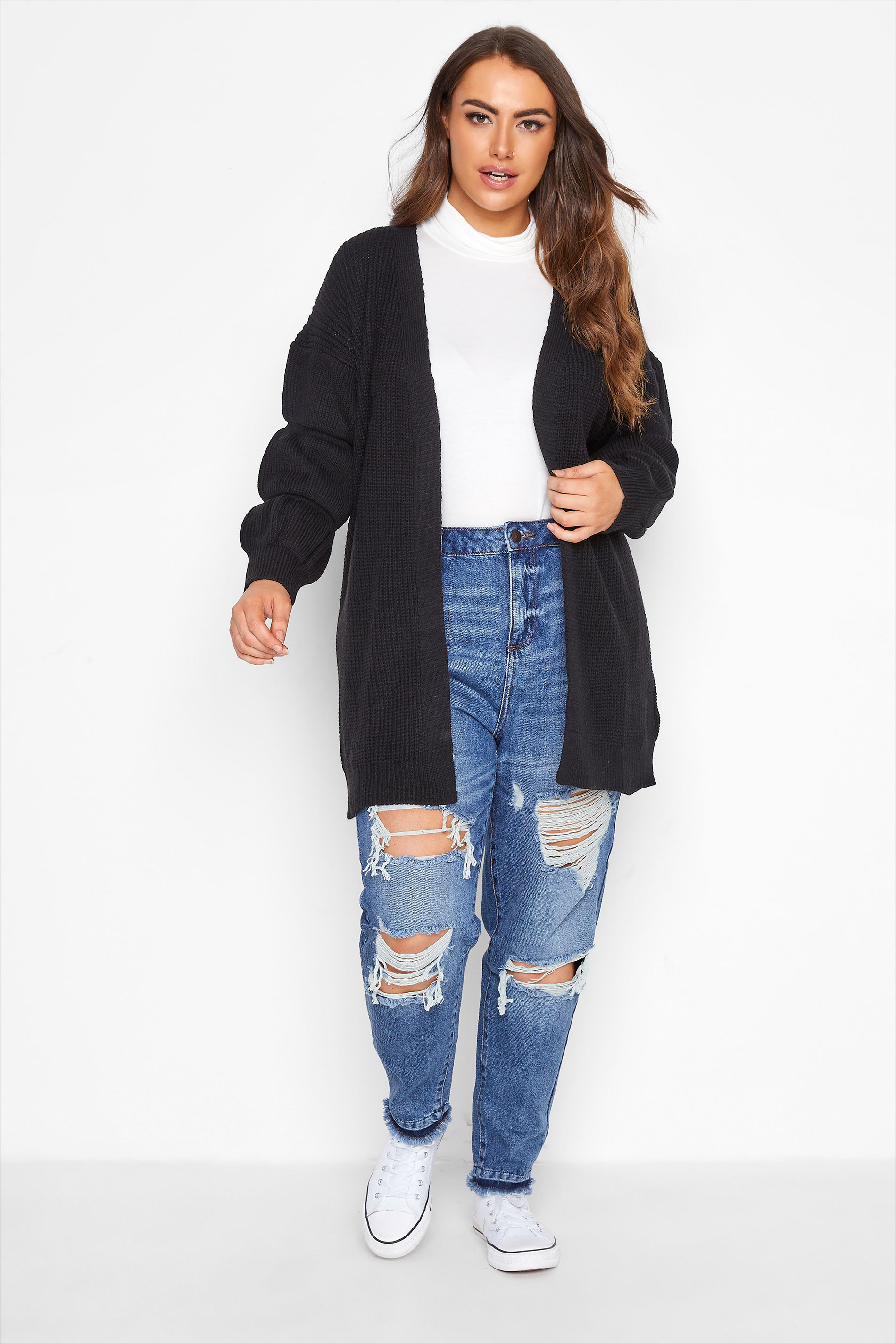 Plus Size Curve Black Ruched Sleeve Knitted Cardigan | Yours Clothing 2