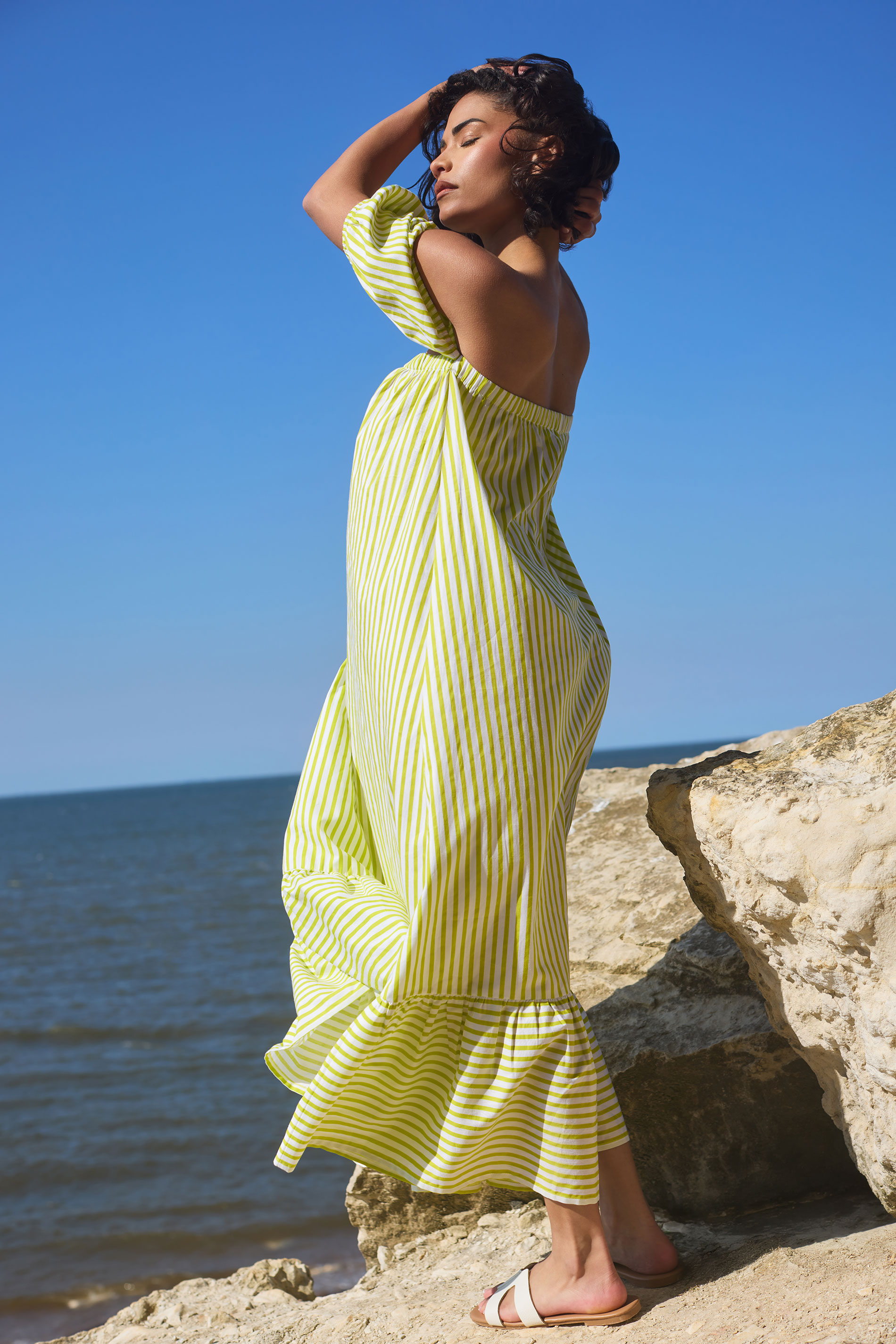 PixieGirl Petite Women's Lime Green Stripe Bardot Cotton Maxi Dress | PixieGirl 1