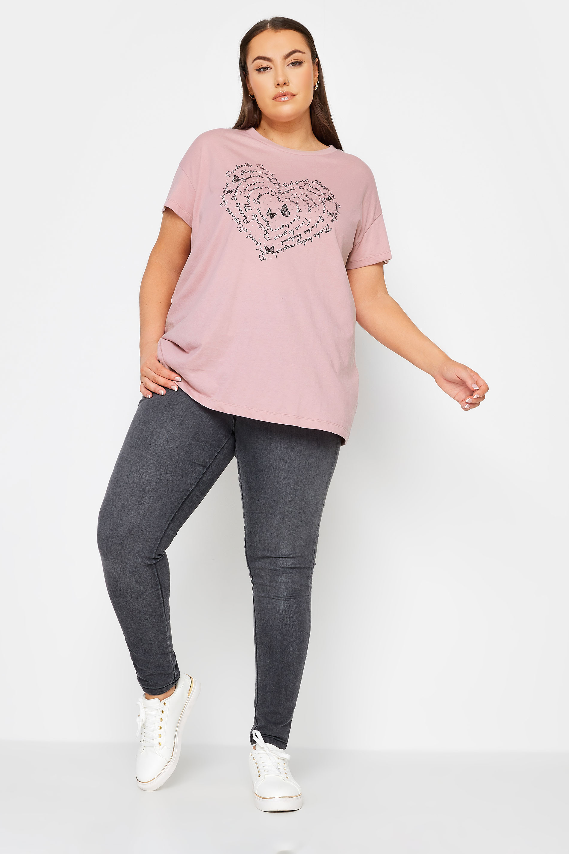 YOURS Plus Size Pink Positivity Heart Print T-Shirt