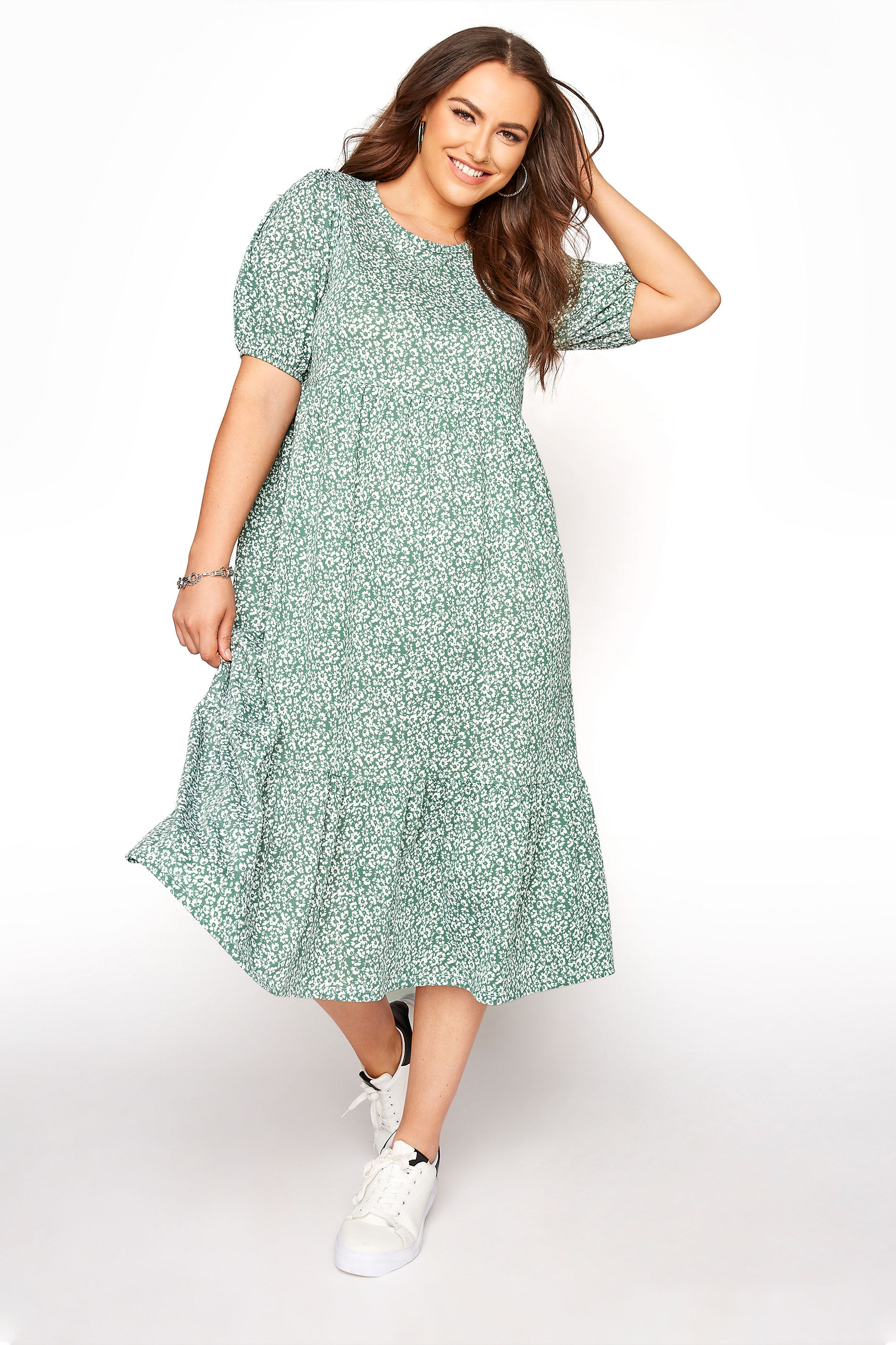 Sage Green Floral Frill Hem Midi Dress | Yours Clothing