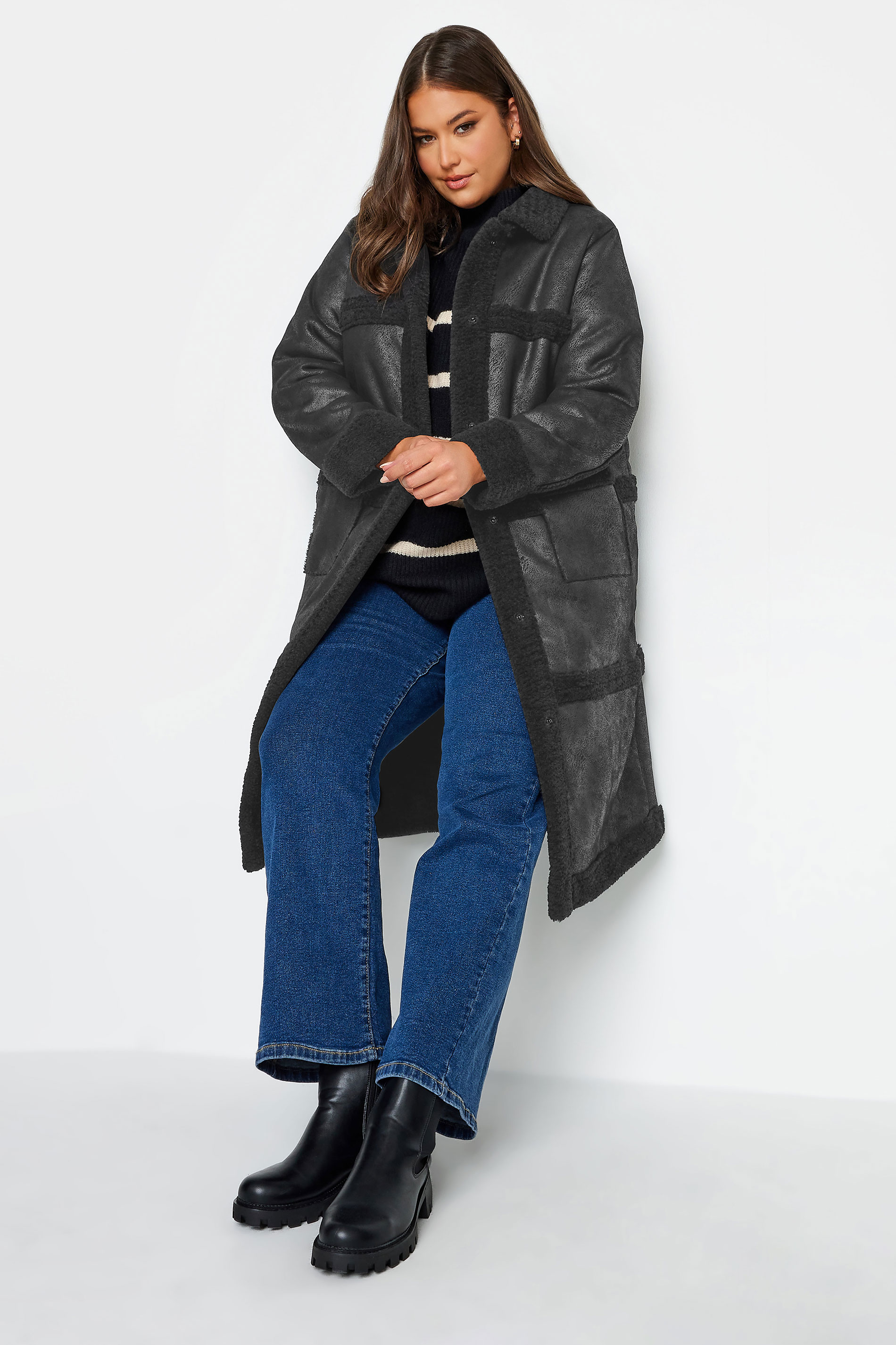 YOURS Curve Black Faux Fur PU Jacket | Yours Clothing 2