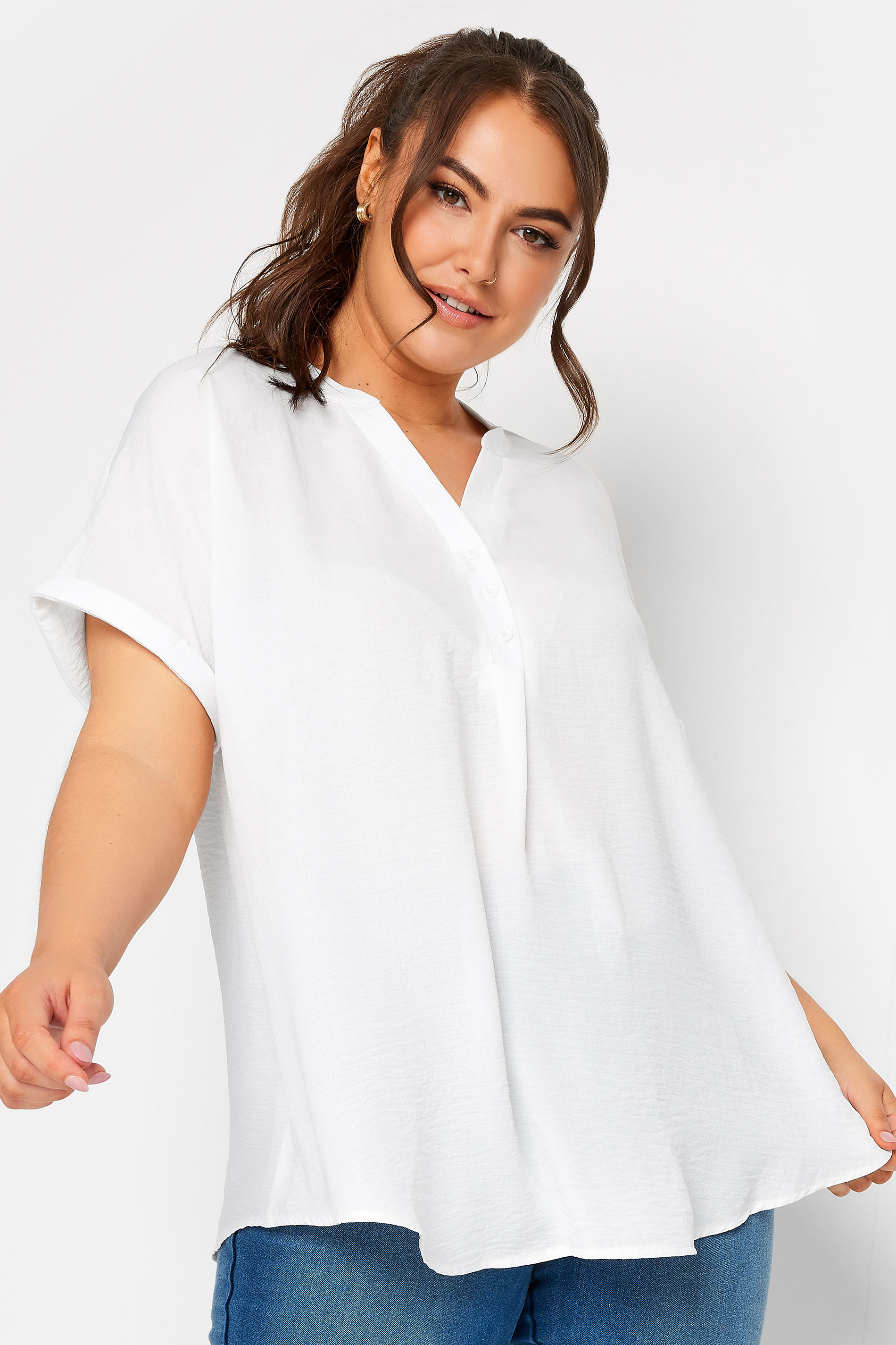 YOURS Plus Size White Half Placket Short Sleeve Blouse | Yours Clothing 1
