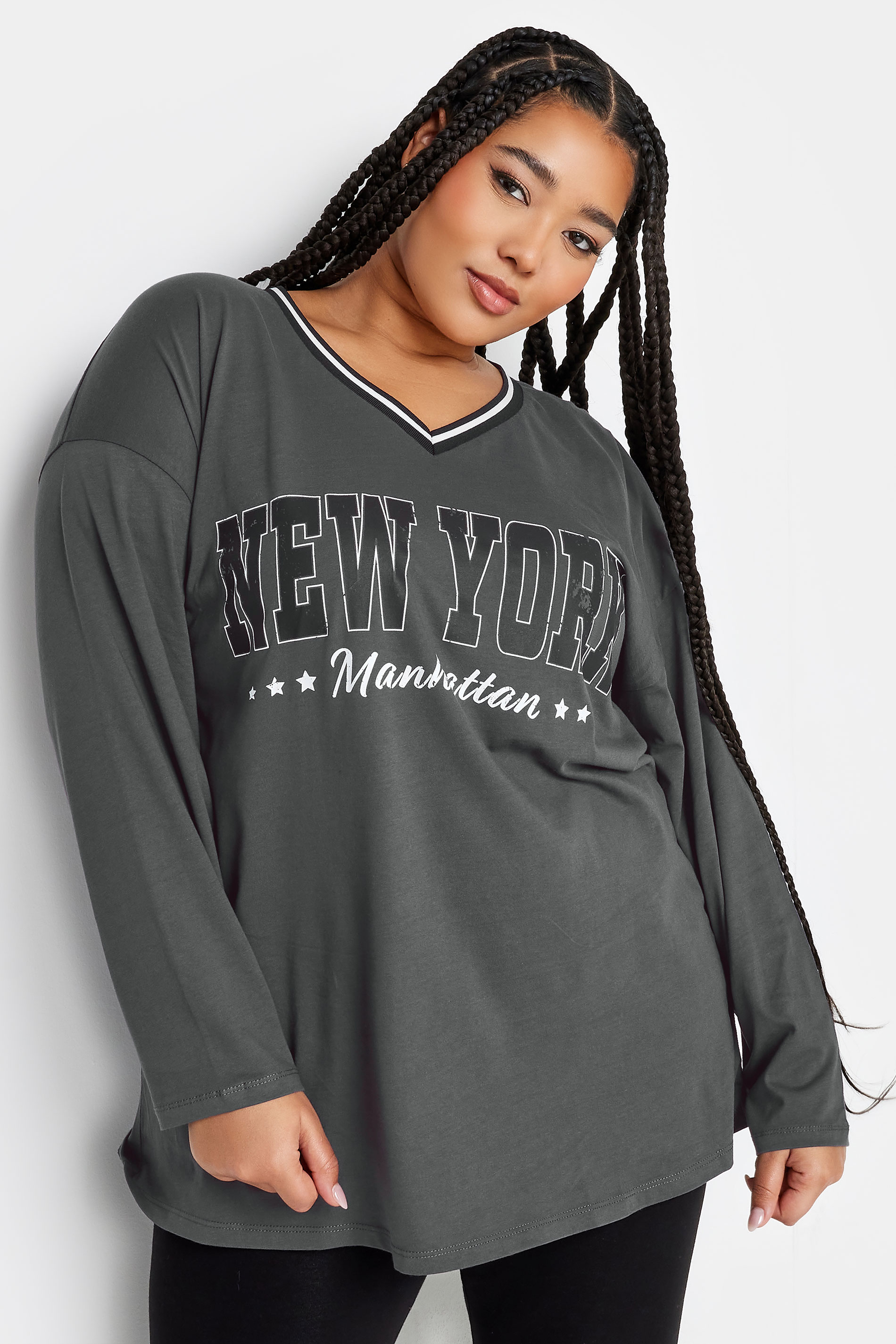 YOURS Plus Size Grey 'New York' Varsity Oversized T-Shirt | Yours Clothing 1