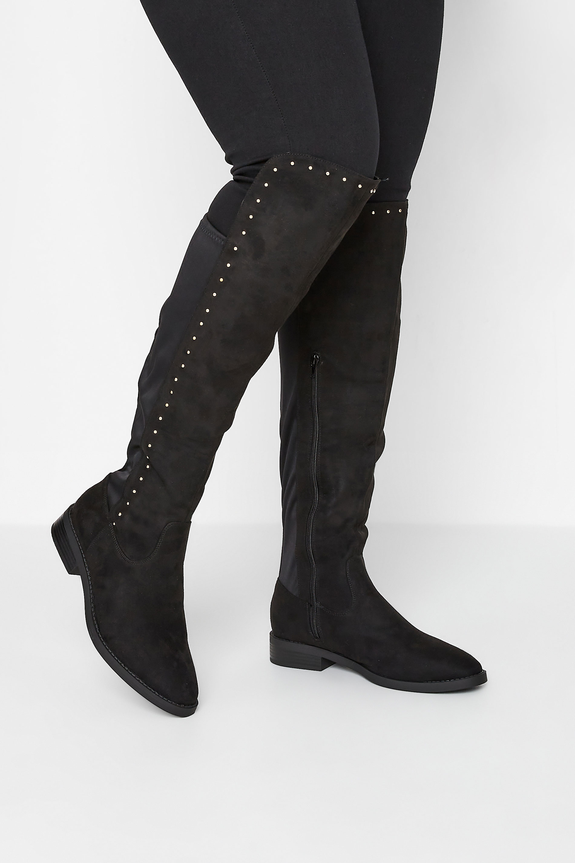 LIMITED COLLECTION Black Stud Over The Knee Boots In Wide E Fit & Extra Wide Fit | Yours Clothing 1