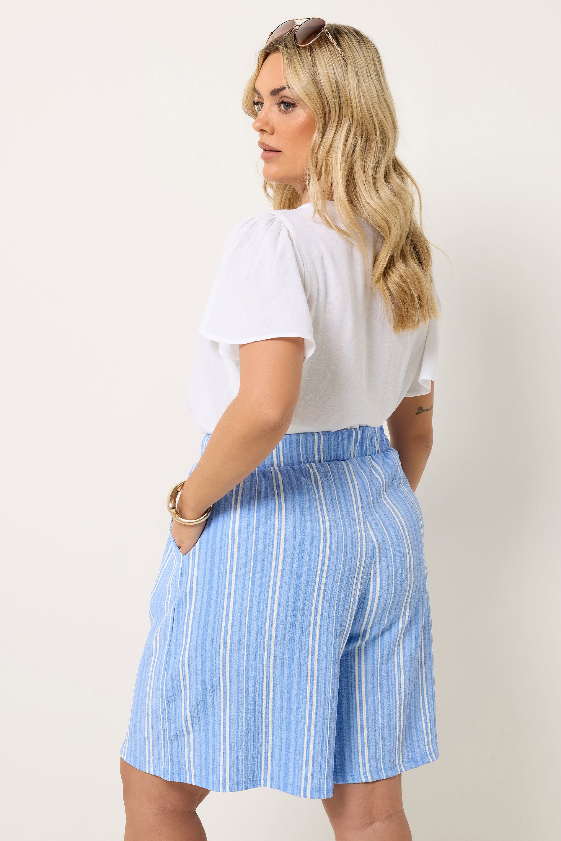 YOURS Plus Size Blue Stripe Print Shorts | Yours Clothing 2