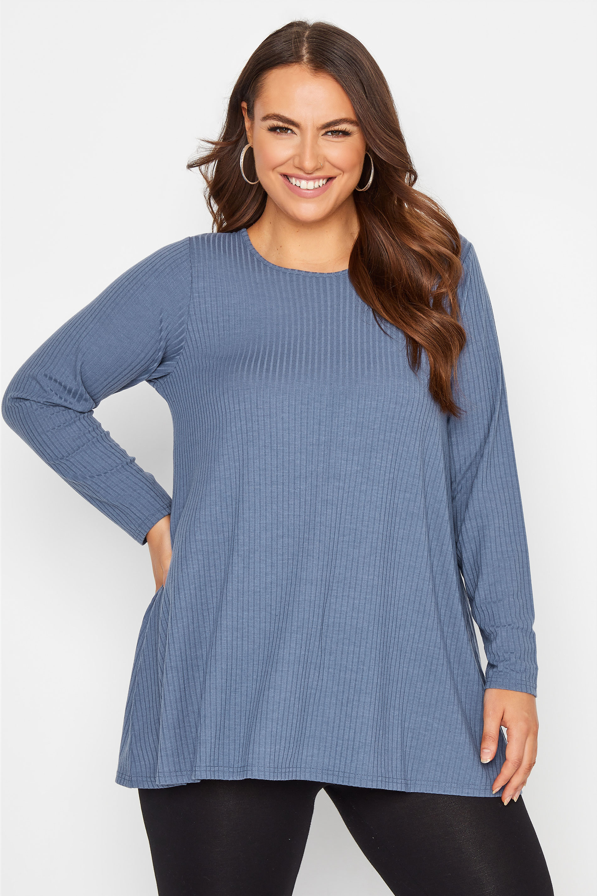 Plus Size Denim Blue Ribbed Swing Top | Yours Clothing 1