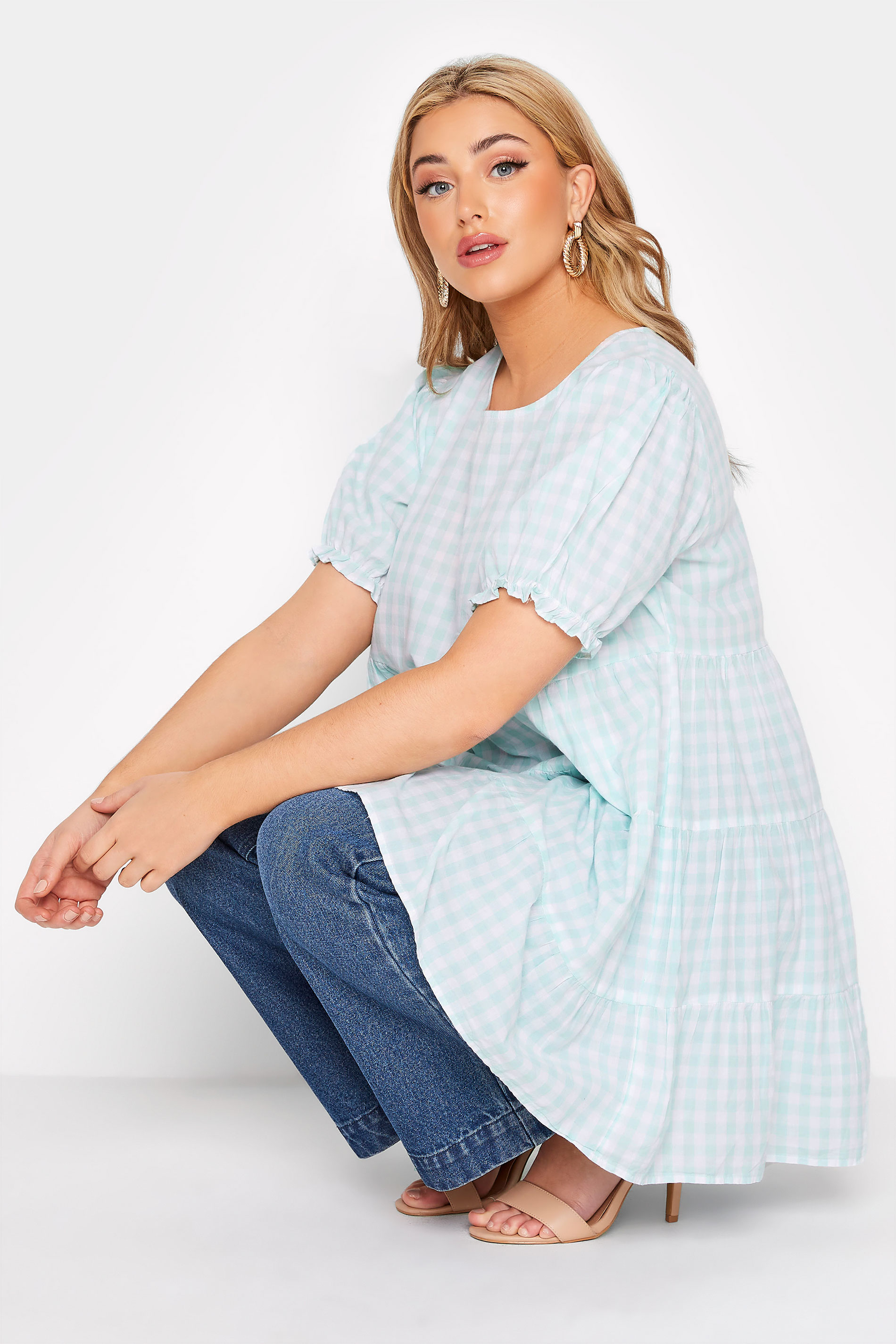 LIMITED COLLECTION Curve Mint Green Gingham Tiered Tunic Top 1