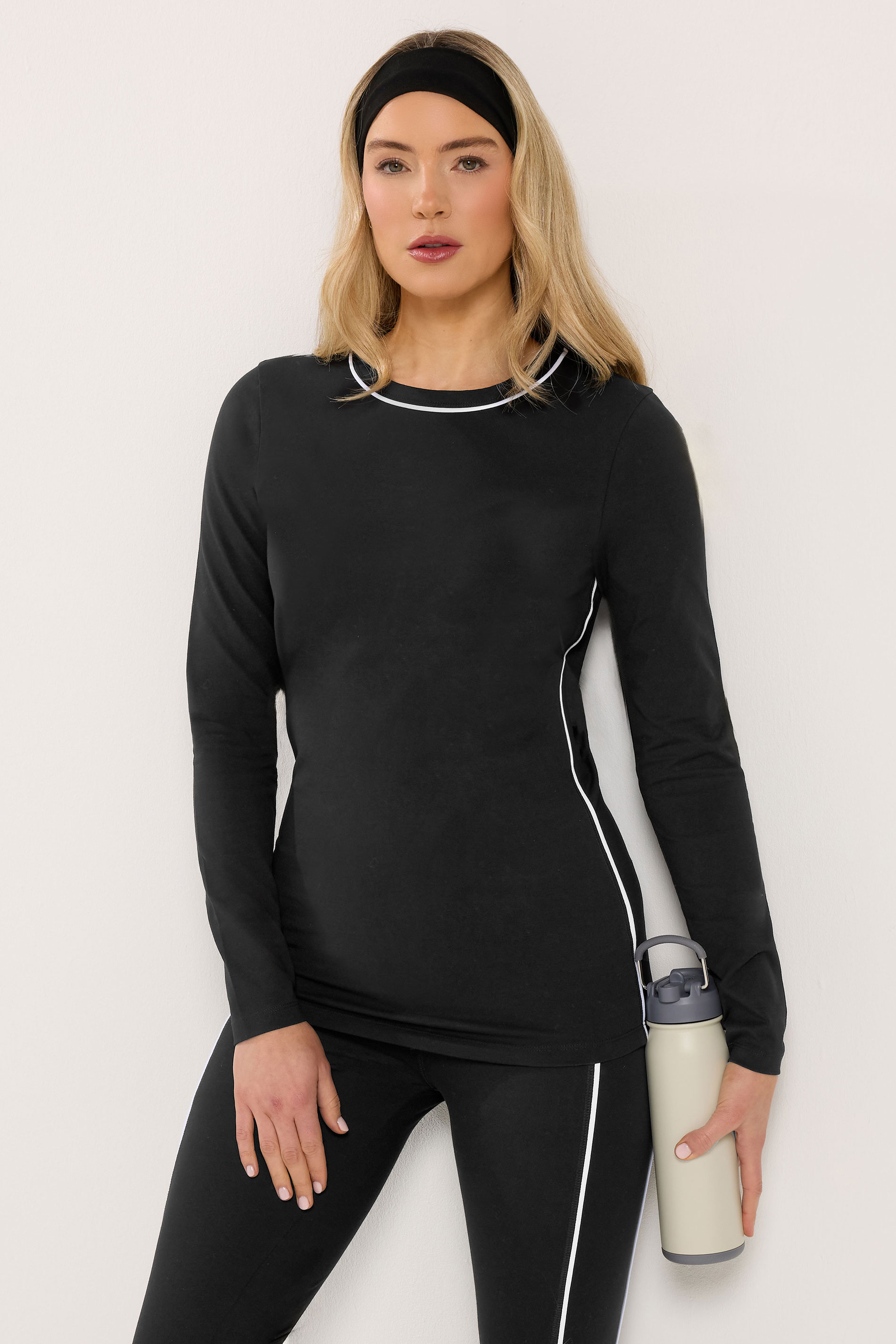LTS Tall Set Women's Black Cotton Active Piped Long Sleeve Top & Leggings | Long Tall Sally 2