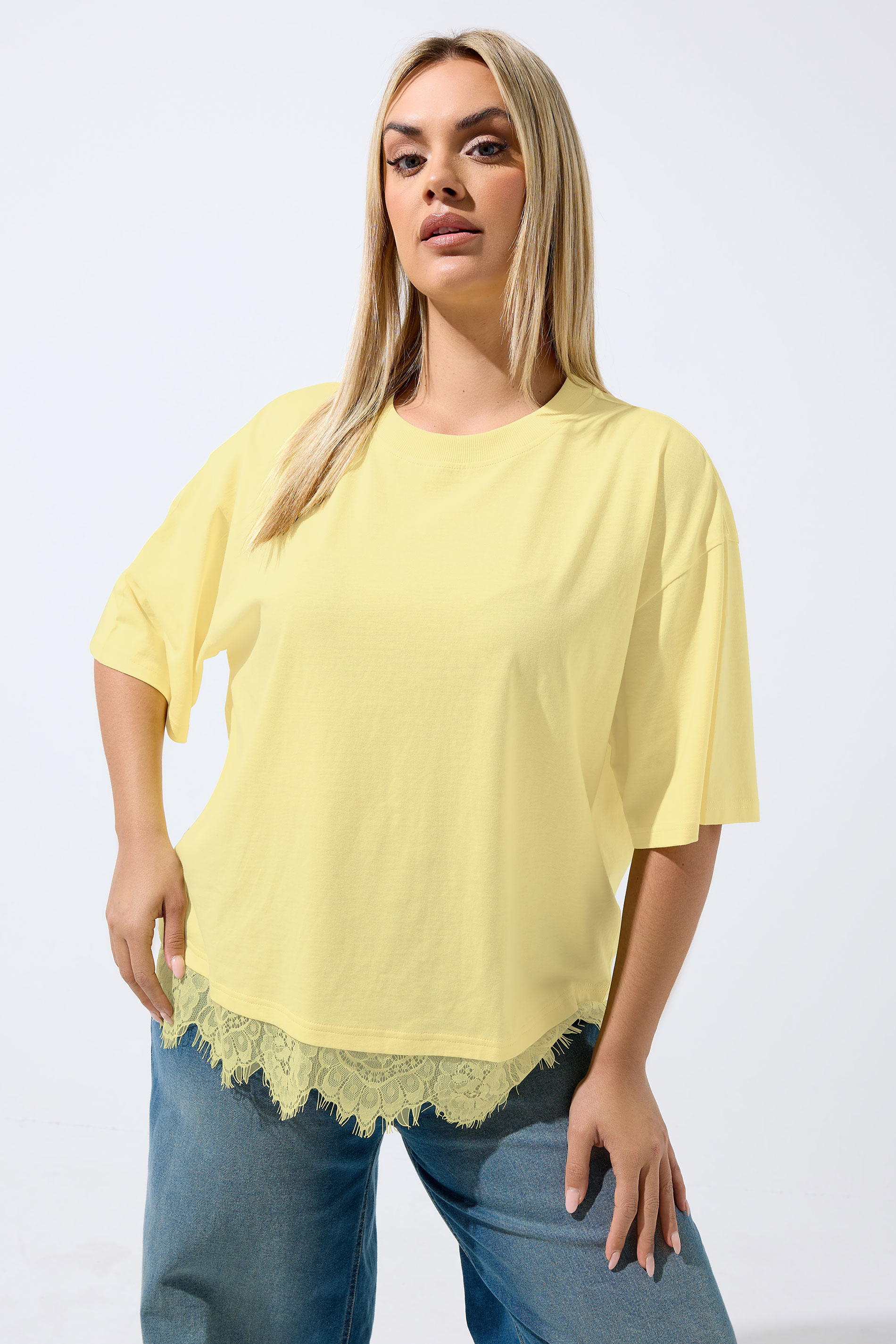 LIMITED COLLECTION Plus Size Yellow Lace Hem T-Shirt | Yours Clothing 3