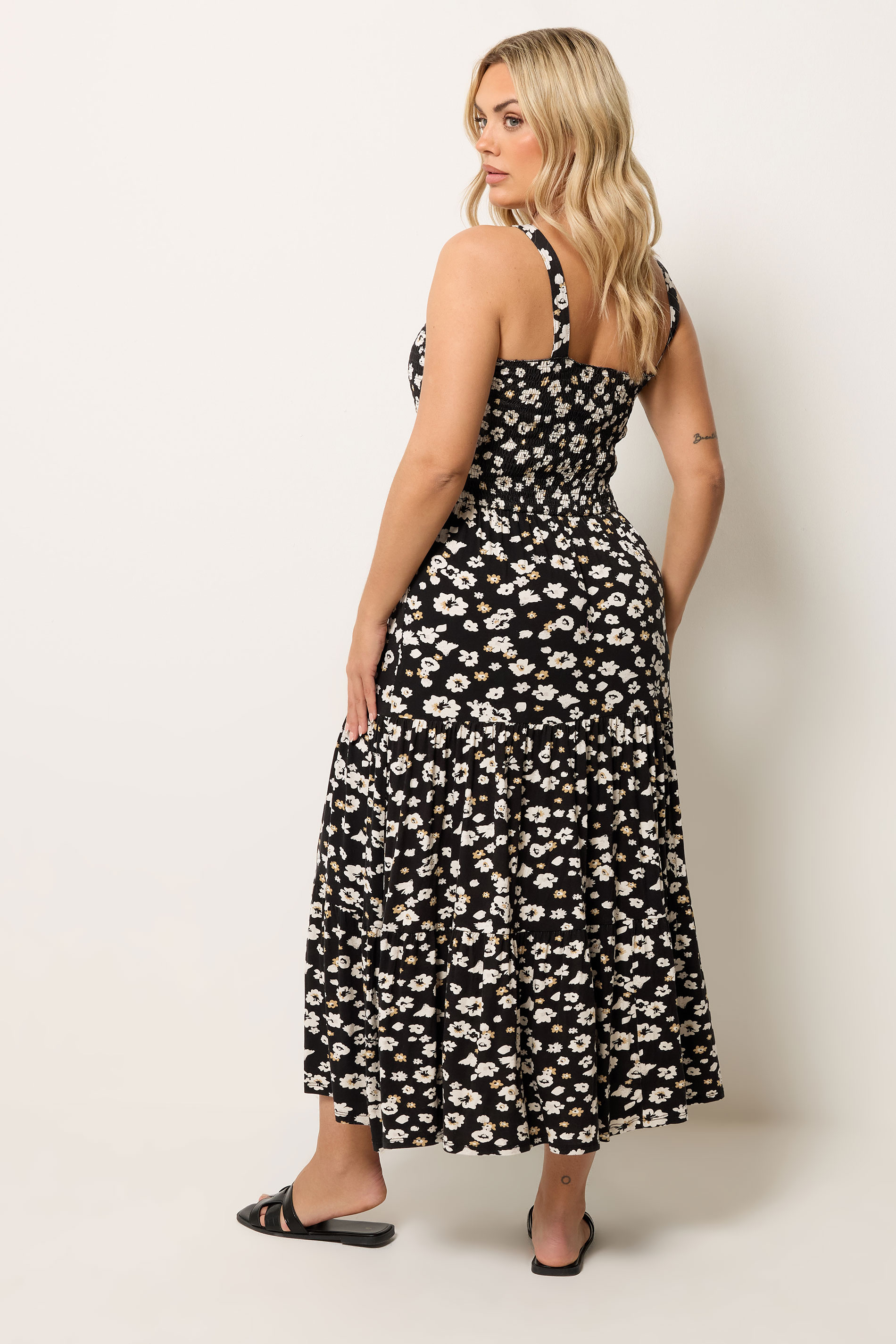YOURS Plus Size Black Floral Shirred Midi Dress | Yours Clothing 2