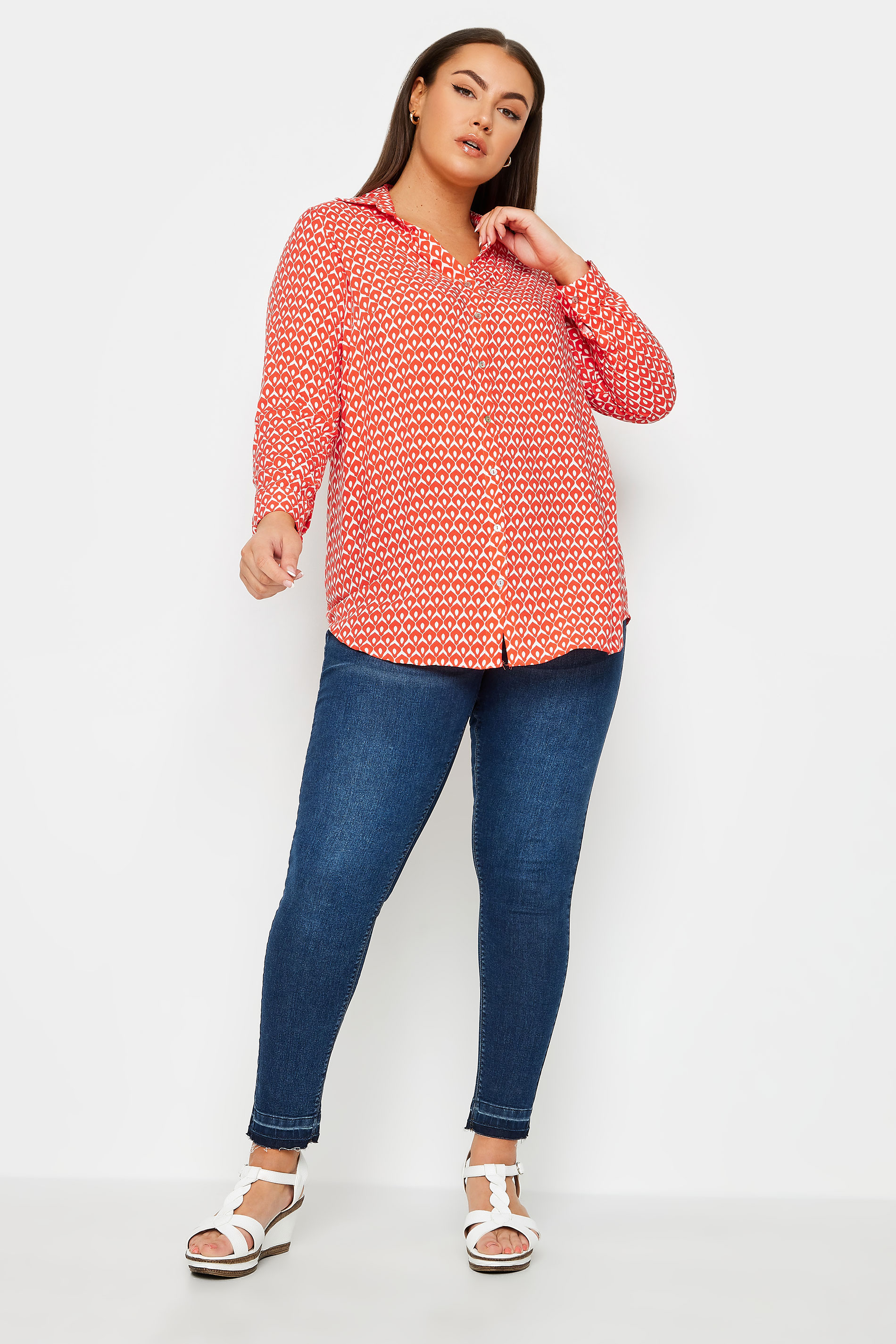 YOURS Plus Size Orange Geometric Print Button Through Shirt | Yours Clothing 2