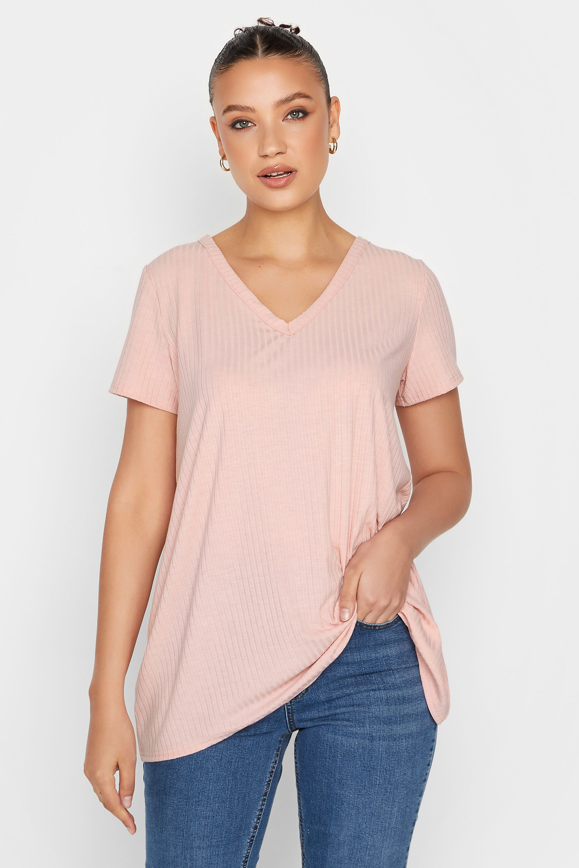 LTS Tall Women's Pink Ribbed V-Neck Swing Top | Long Tall Sally  1