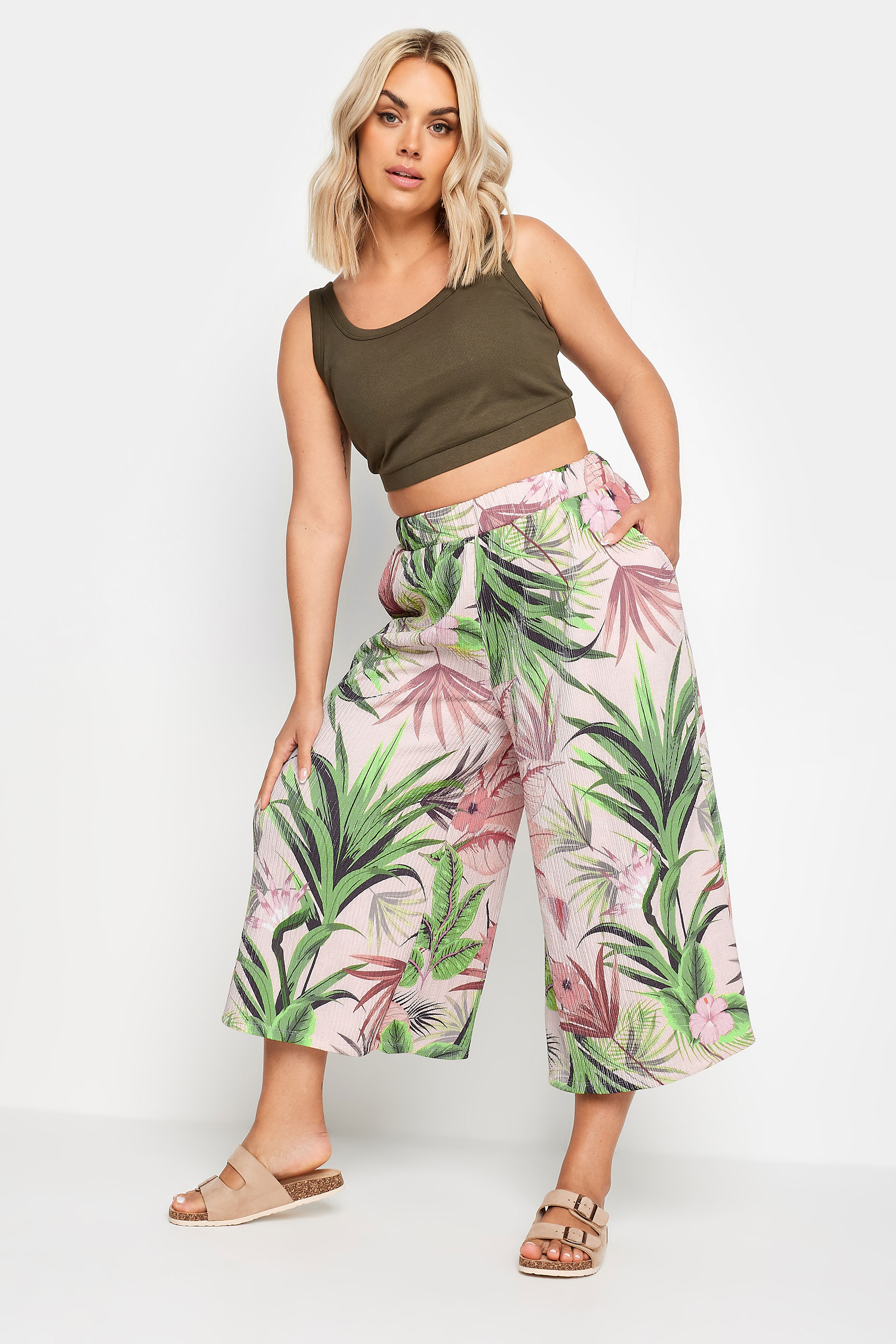 YOURS Plus Size Pink Tropical Print Textured Cropped Trousers | Yours Clothing 3