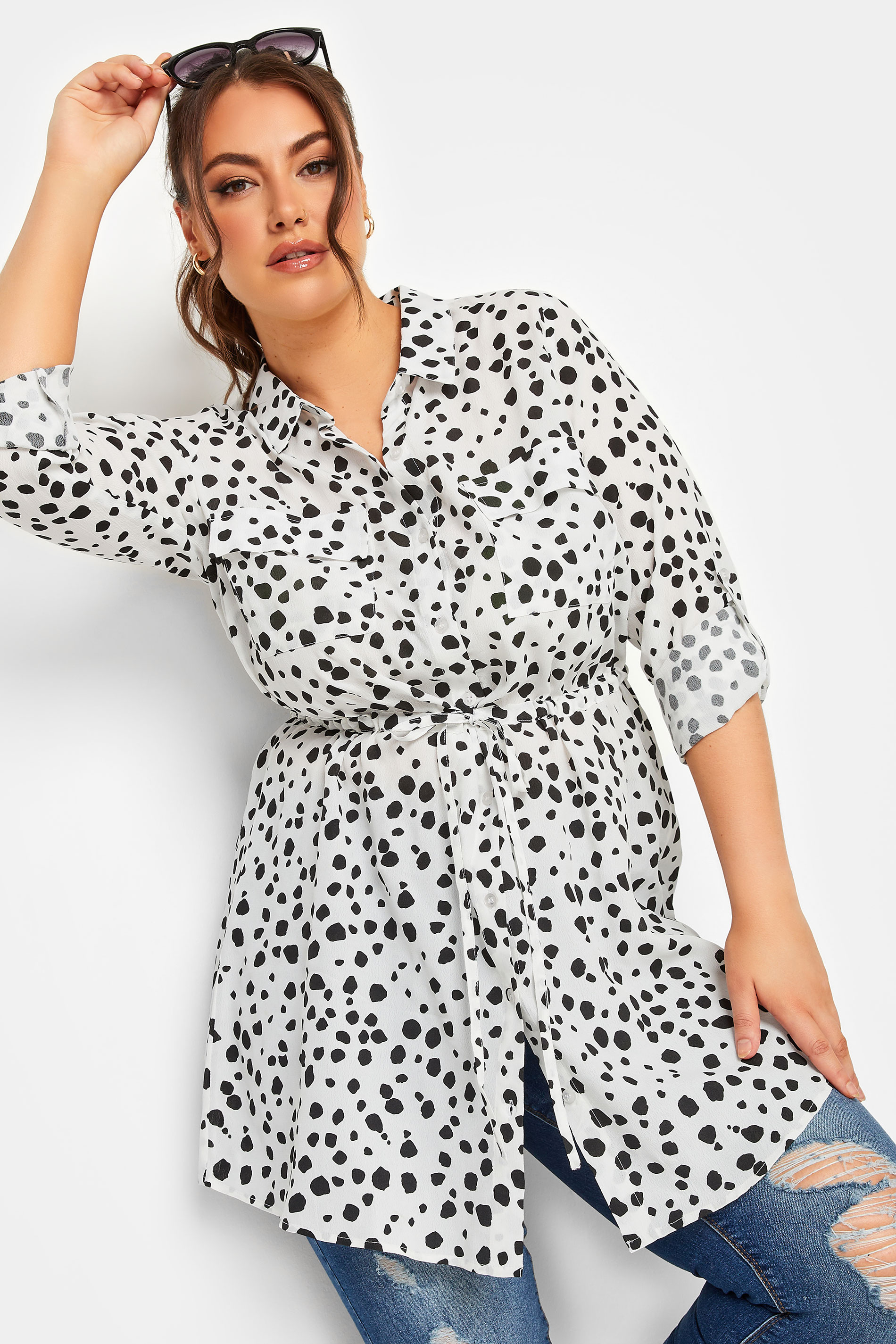 YOURS Plus Size White Dalmatian Print Utility Tunic Shirt | Yours Clothing 2