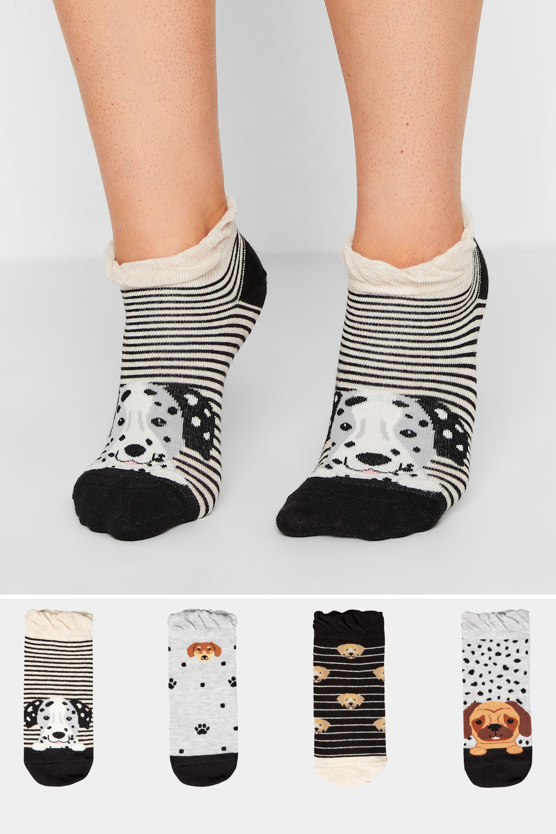 4 PACK Black Dog Print Trainer Liner Socks | Yours Clothing 1