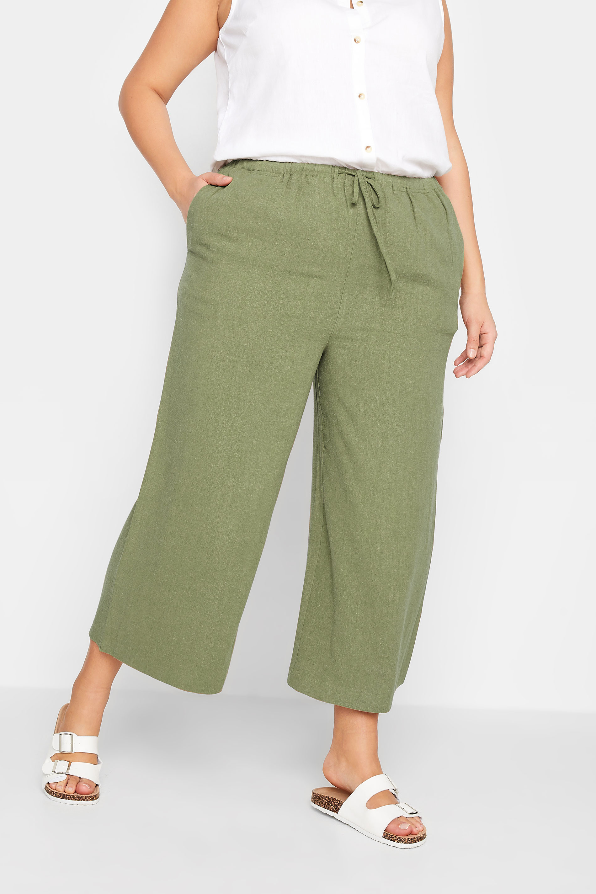 LTS Tall Women's Khaki Green Wide Leg Cropped Linen Look Trousers | Long Tall Sally  1