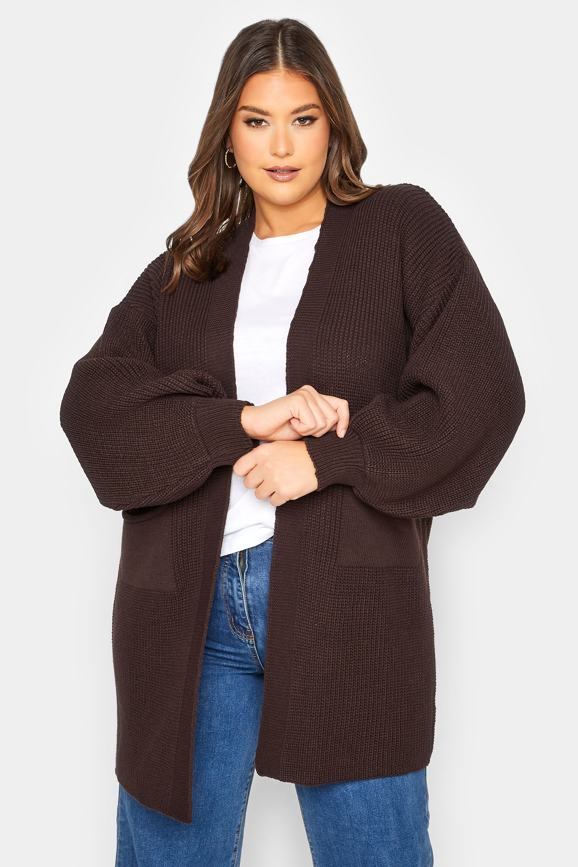 Curve Plus Size Brown Longline Knitted Cardigan | Yours Clothing 1