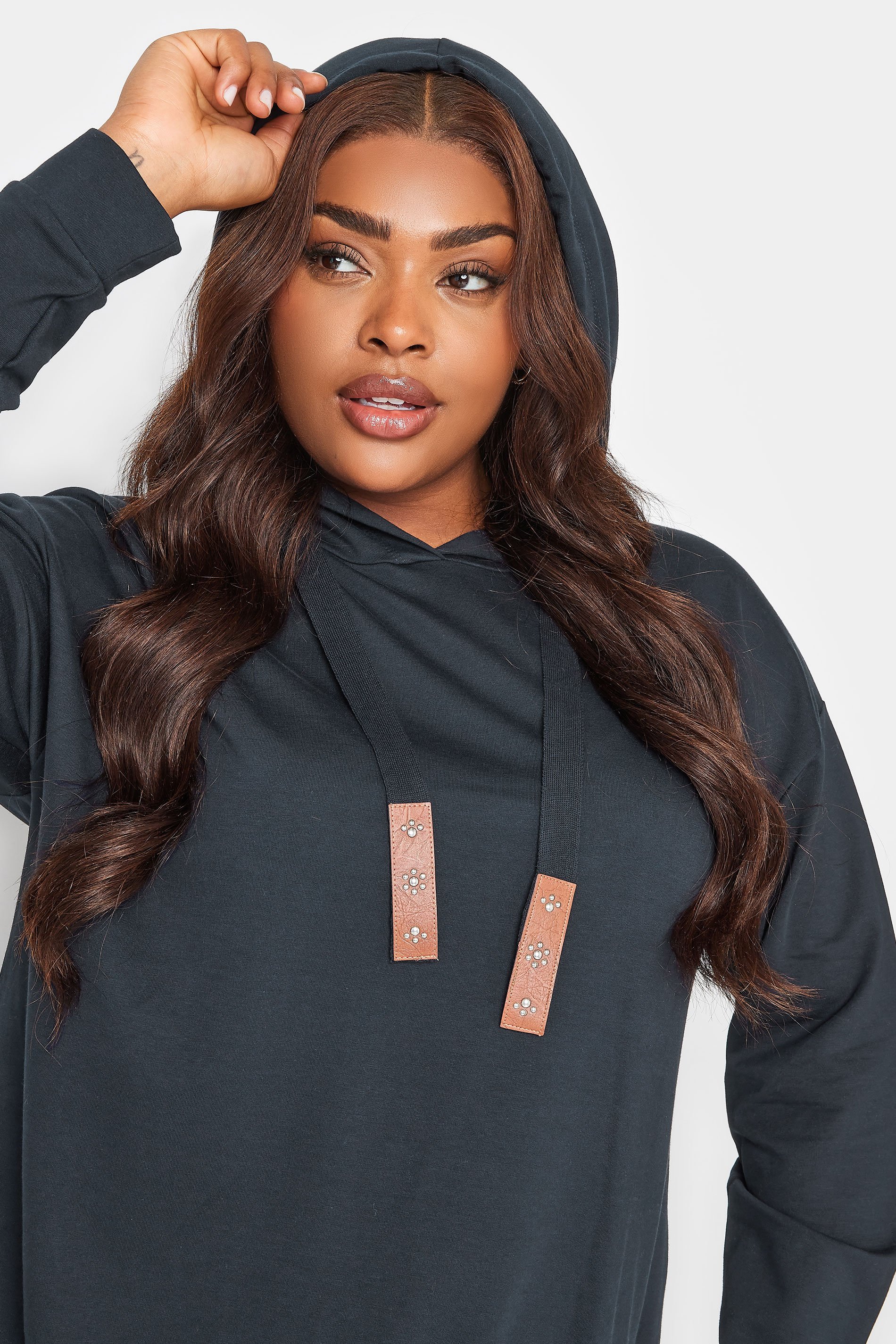 YOURS Plus Size Navy Blue Embellished Tie Hoodie | Yours Clothing