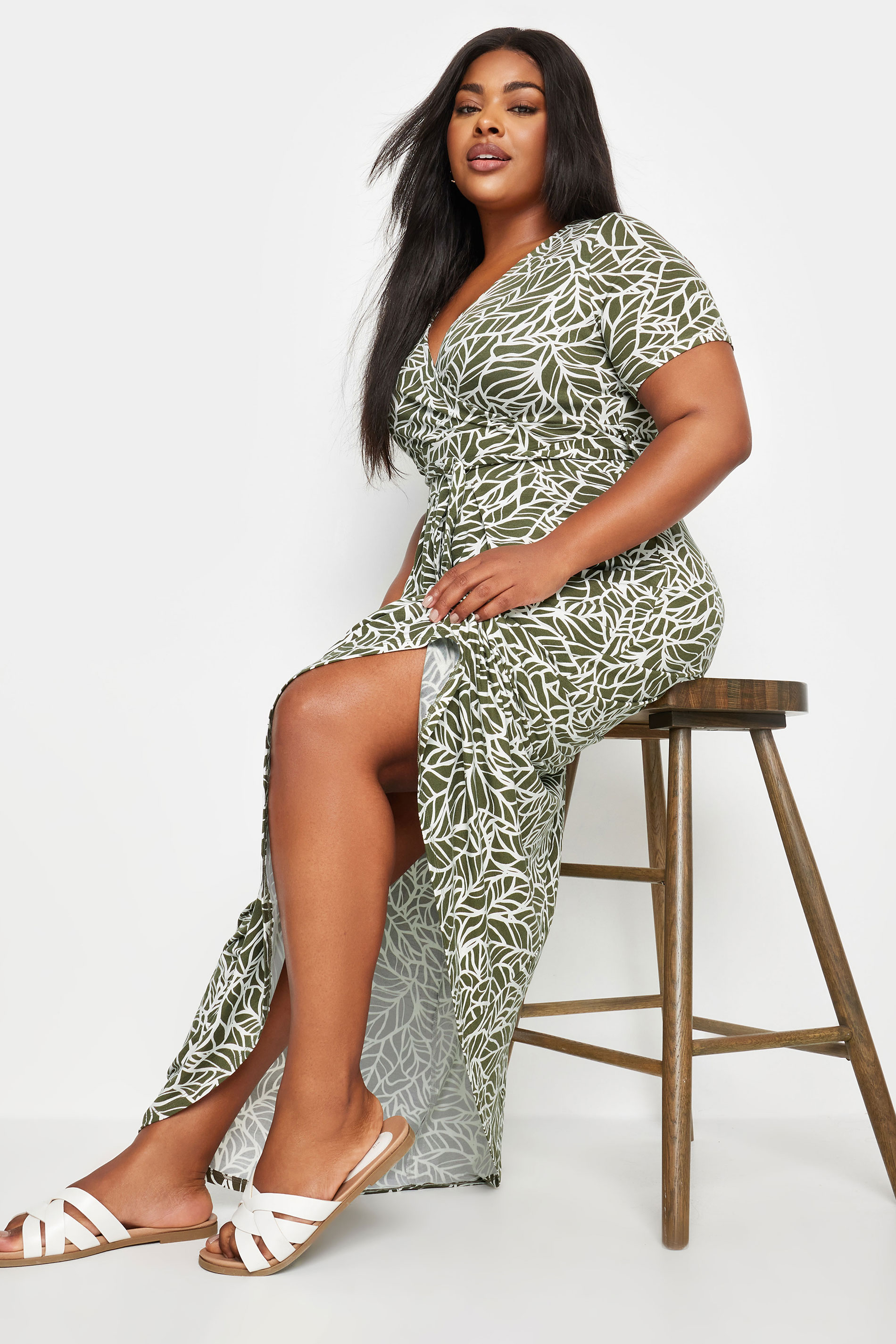 YOURS Plus Size Khaki Green Leaf Print Wrap Maxi Dress | Yours Clothing 2