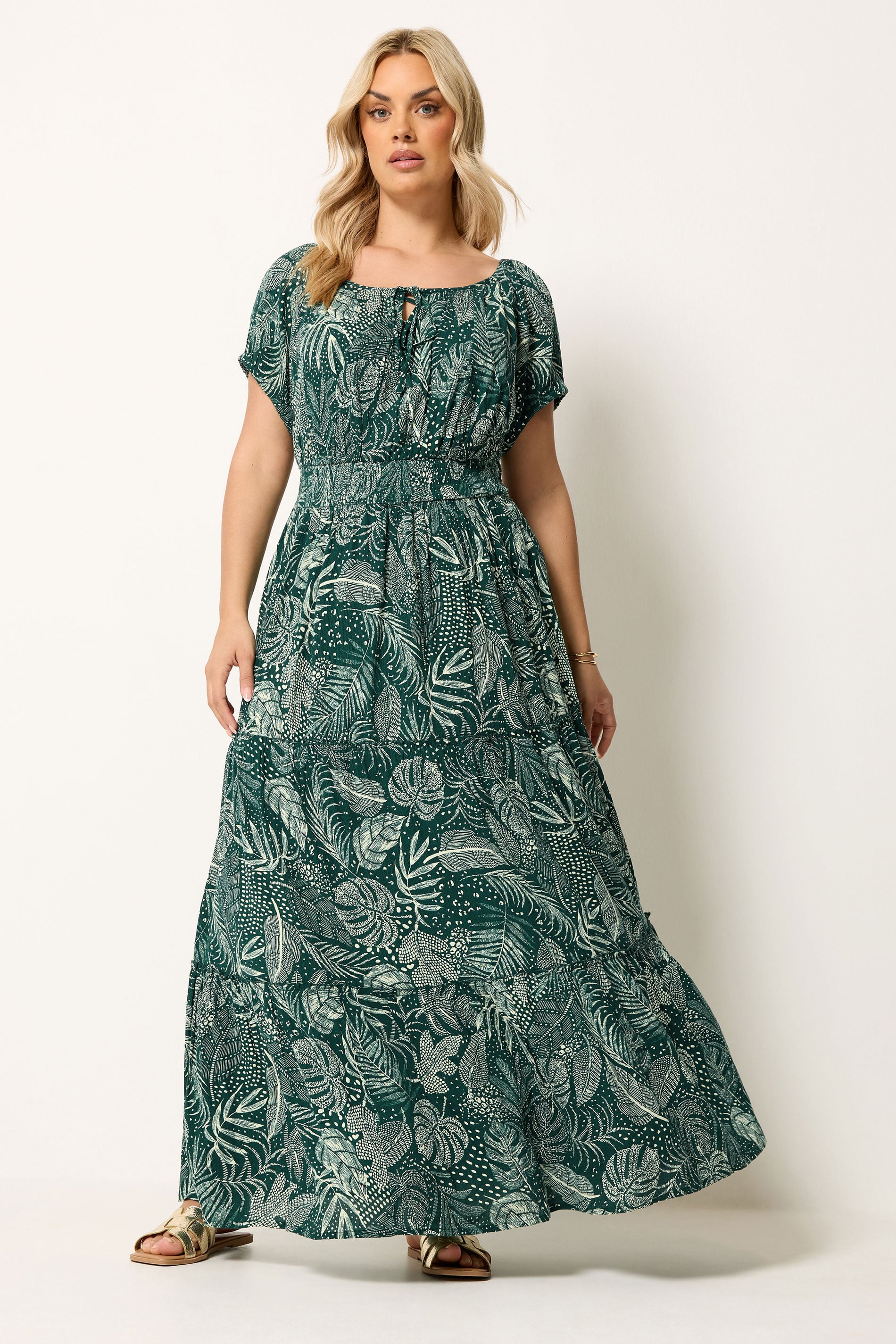 YOURS Plus Size Green Leaf Tie Neck Bardot Maxi Dress | Yours Clothing 3