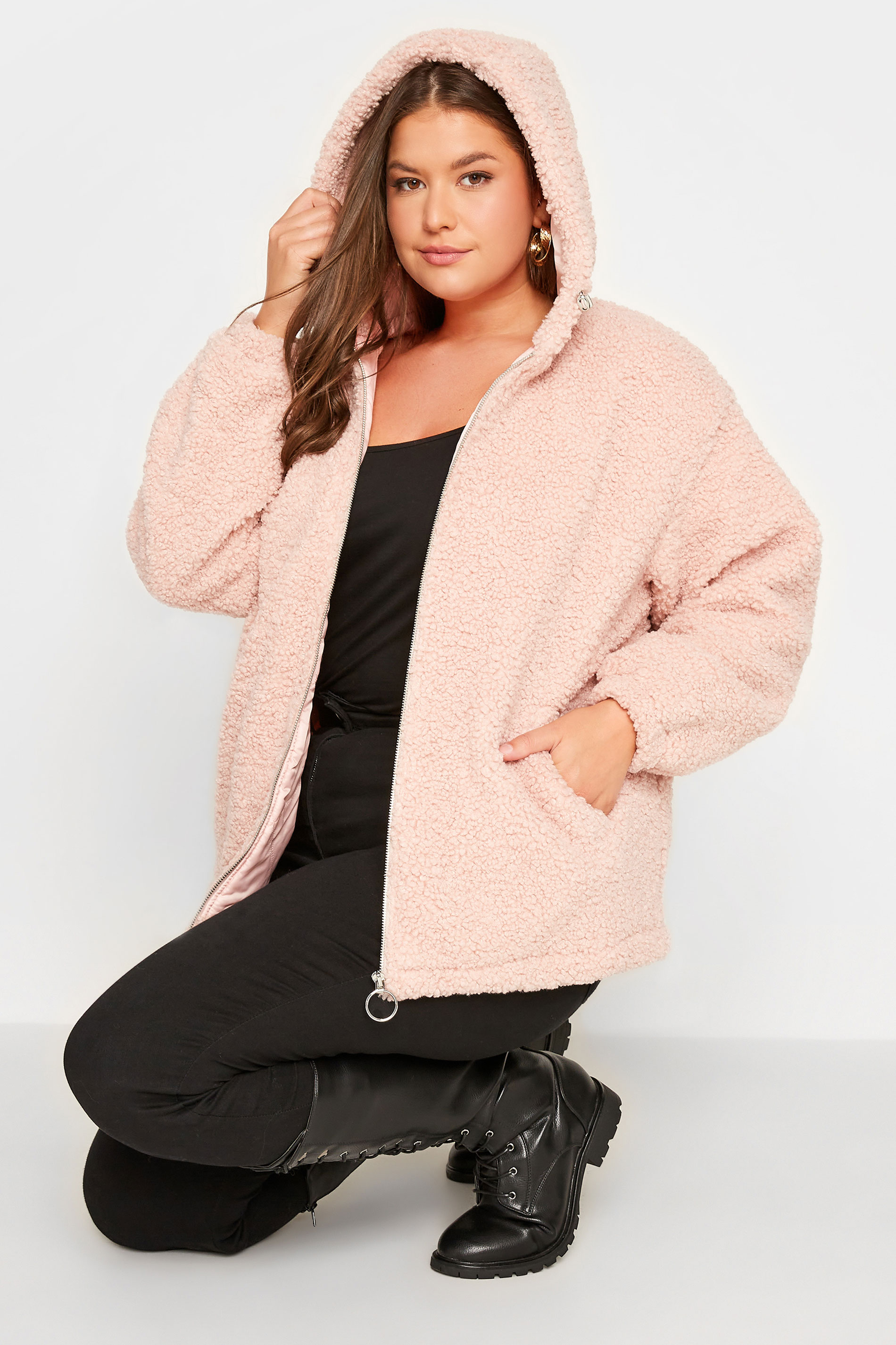 Plus Size Pink Teddy Hooded Jacket | Yours Clothing 1