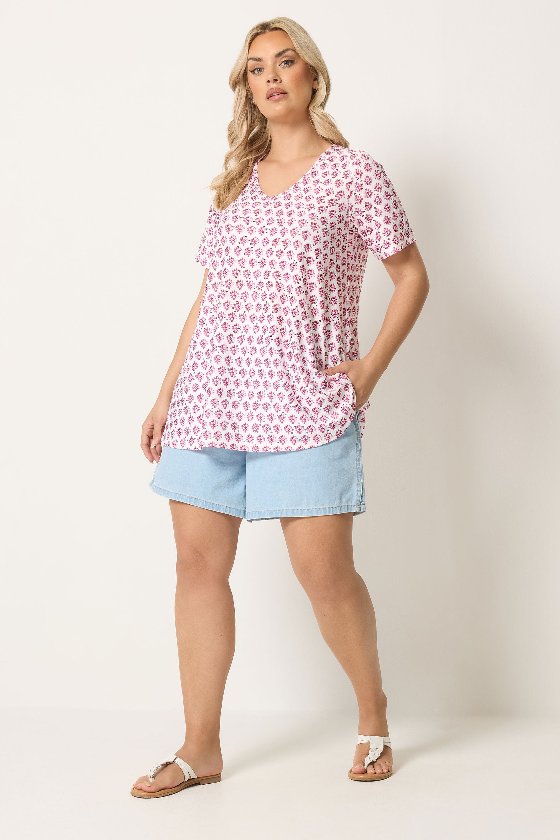 YOURS Plus Size White & Pink Broderie Swing Top | Yours Clothing 1