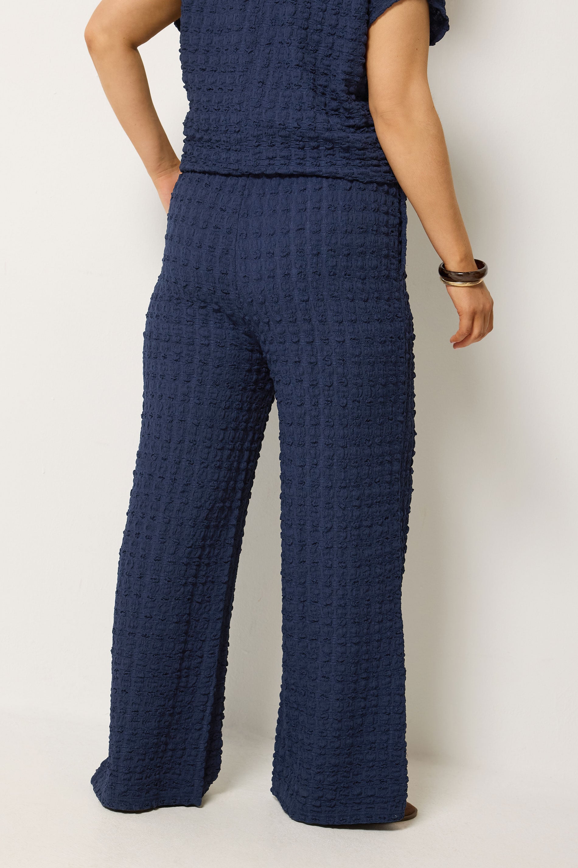 YOURS Plus Size Navy Blue Bubble Textured Wide Leg Trousers | Yours Clothing 2
