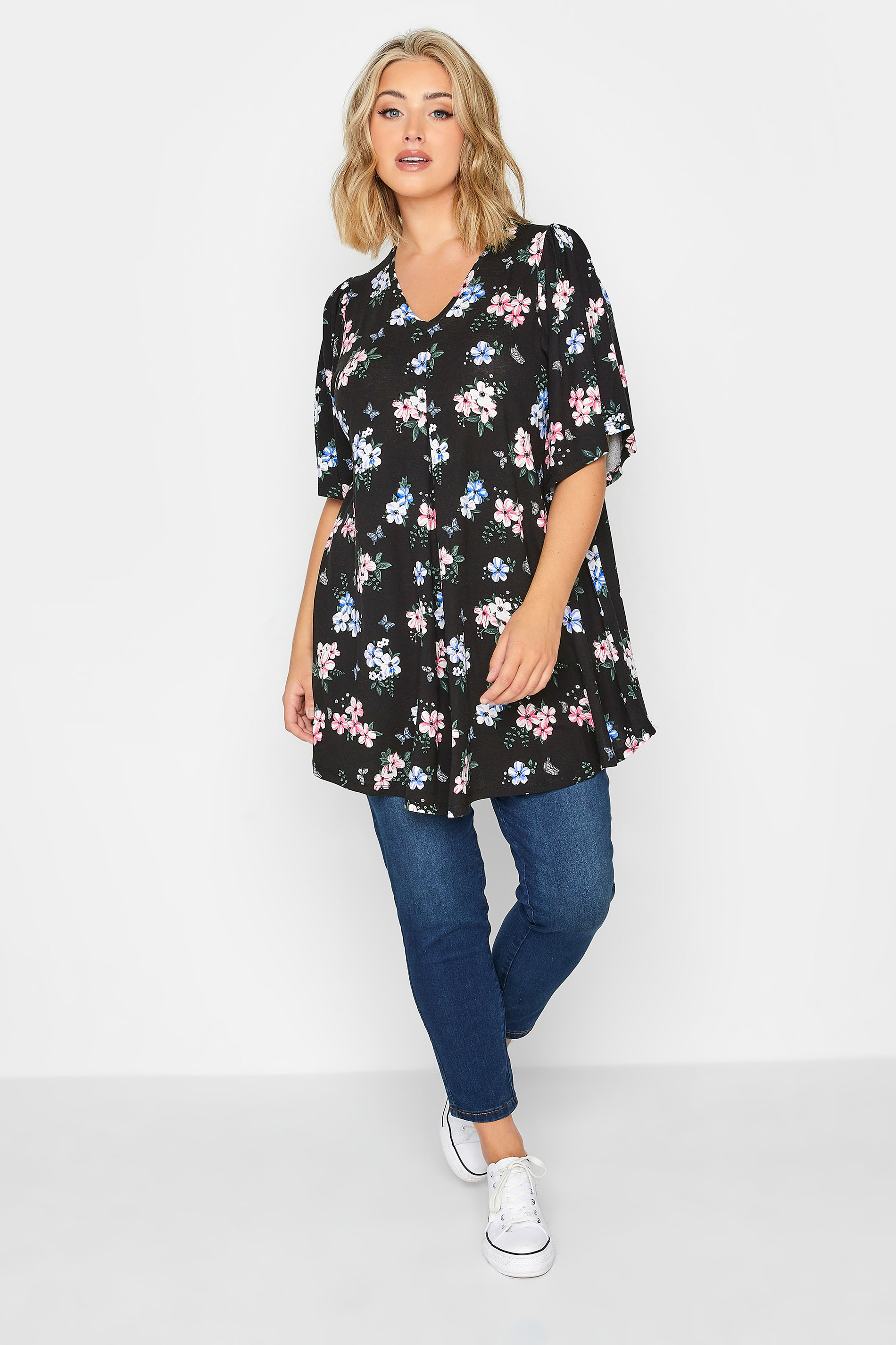 YOURS Curve Plus Size Black Floral Angel Sleeve Top | Yours Clothing  2