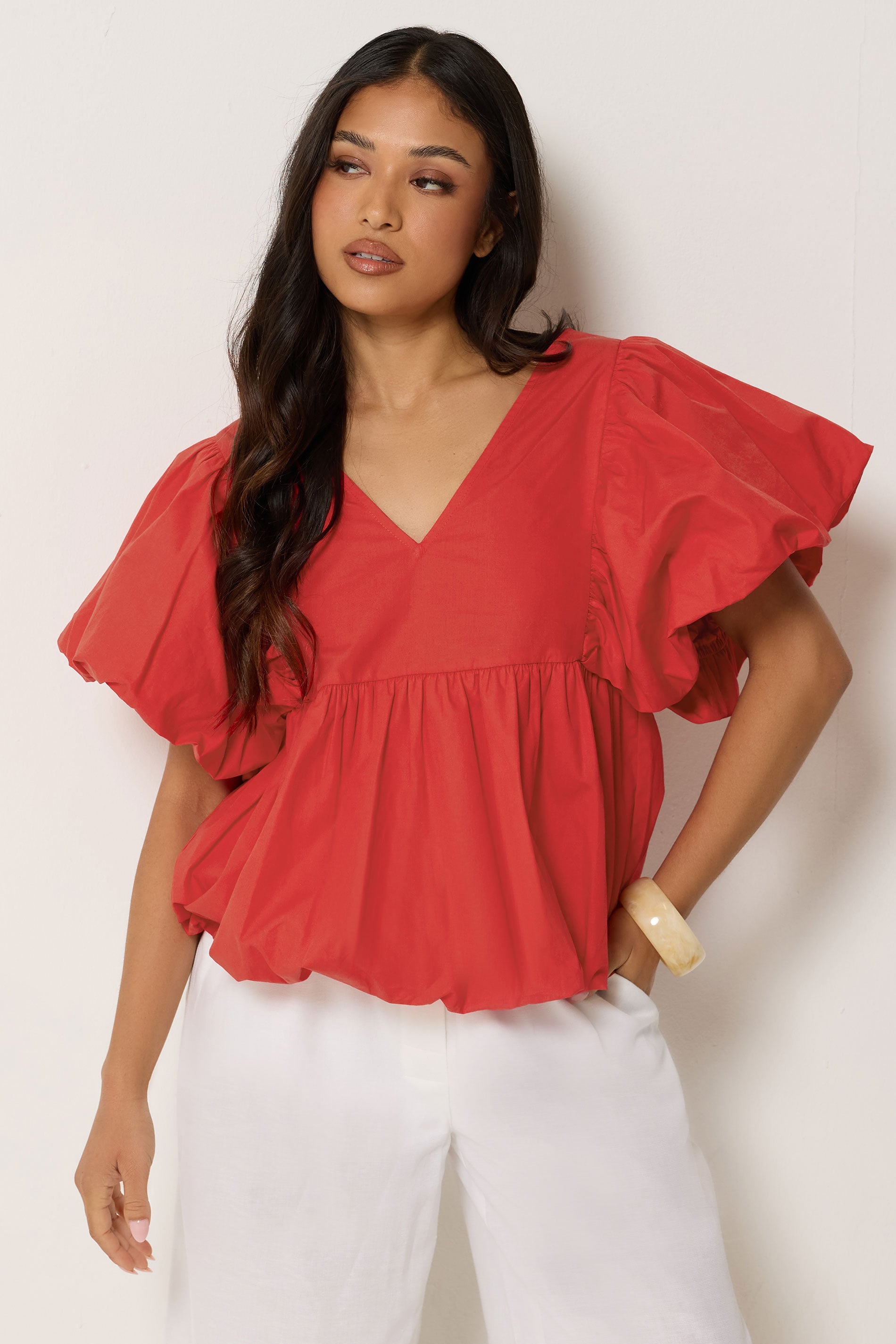 PixieGirl Petite Women's Red Cotton Puff Sleeve Top | PixieGirl 3