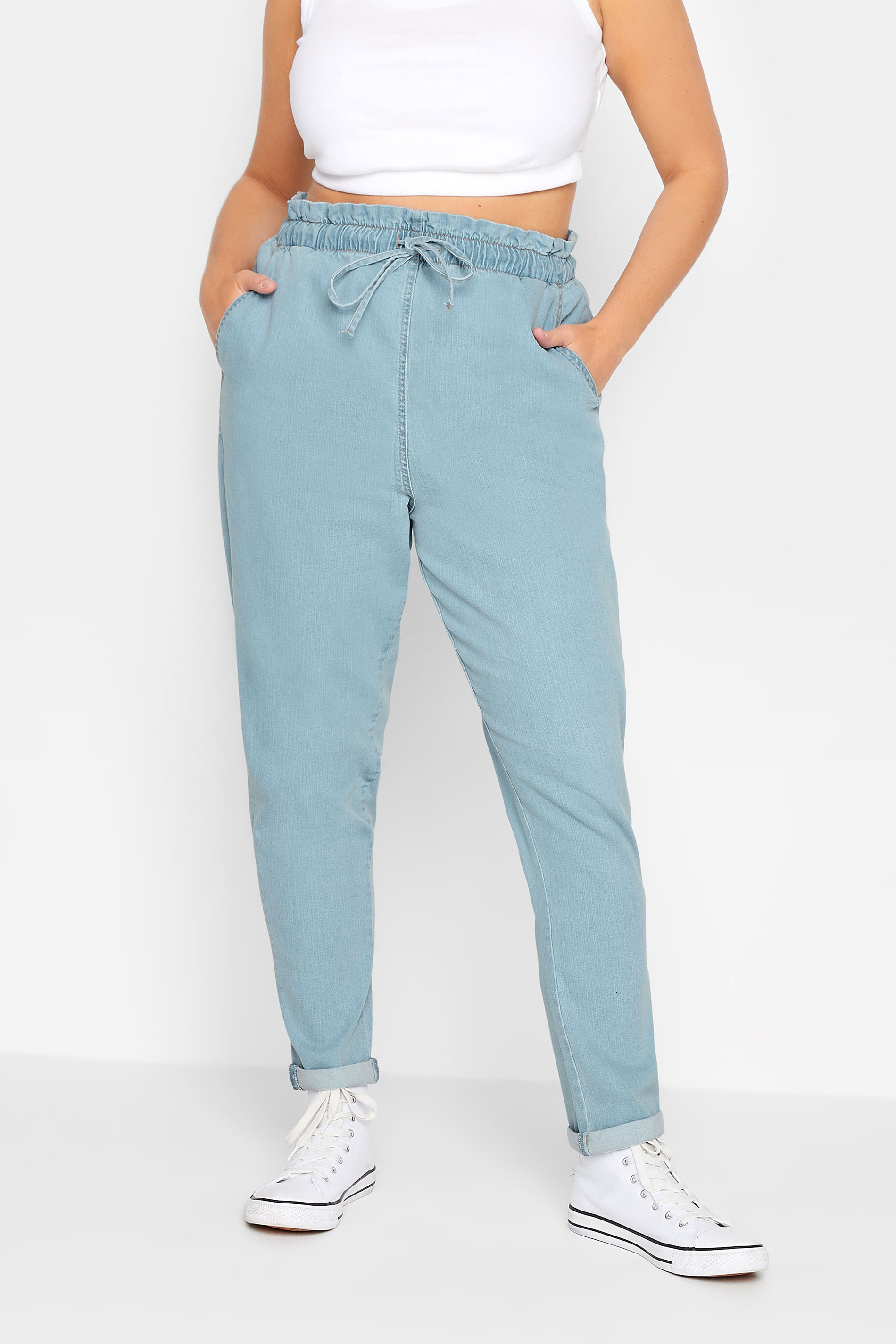 Plus Size Light Blue Paperbag Waist Stretch MOM Jeans | Yours Clothing 1