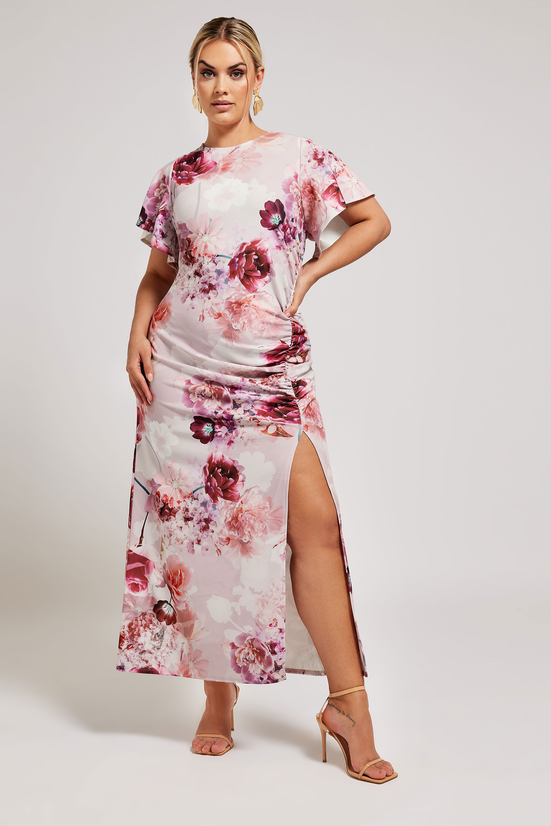 YOURS LONDON Plus Size Pink Floral Print Gathered Dress | Yours Clothing 1