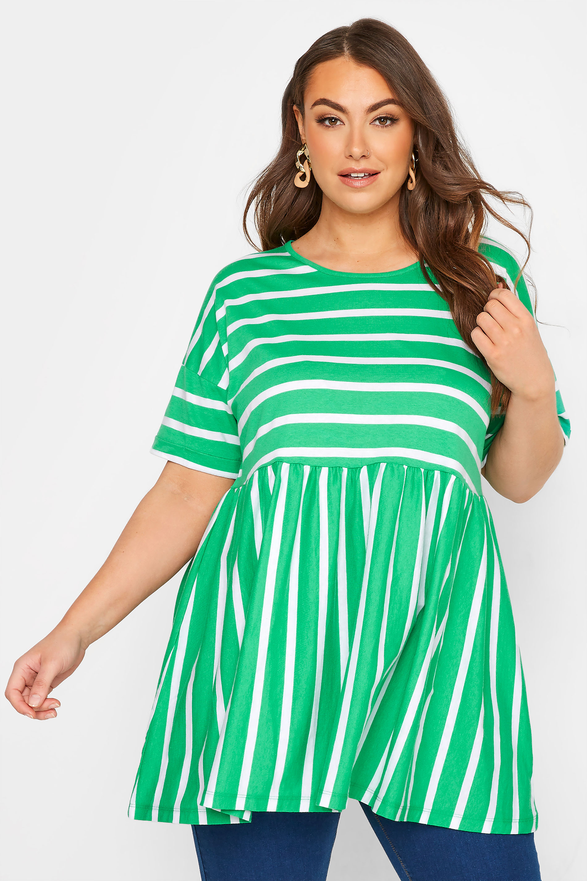 Plus Size Green Stripe Drop Shoulder Peplum Top | Yours Clothing 1