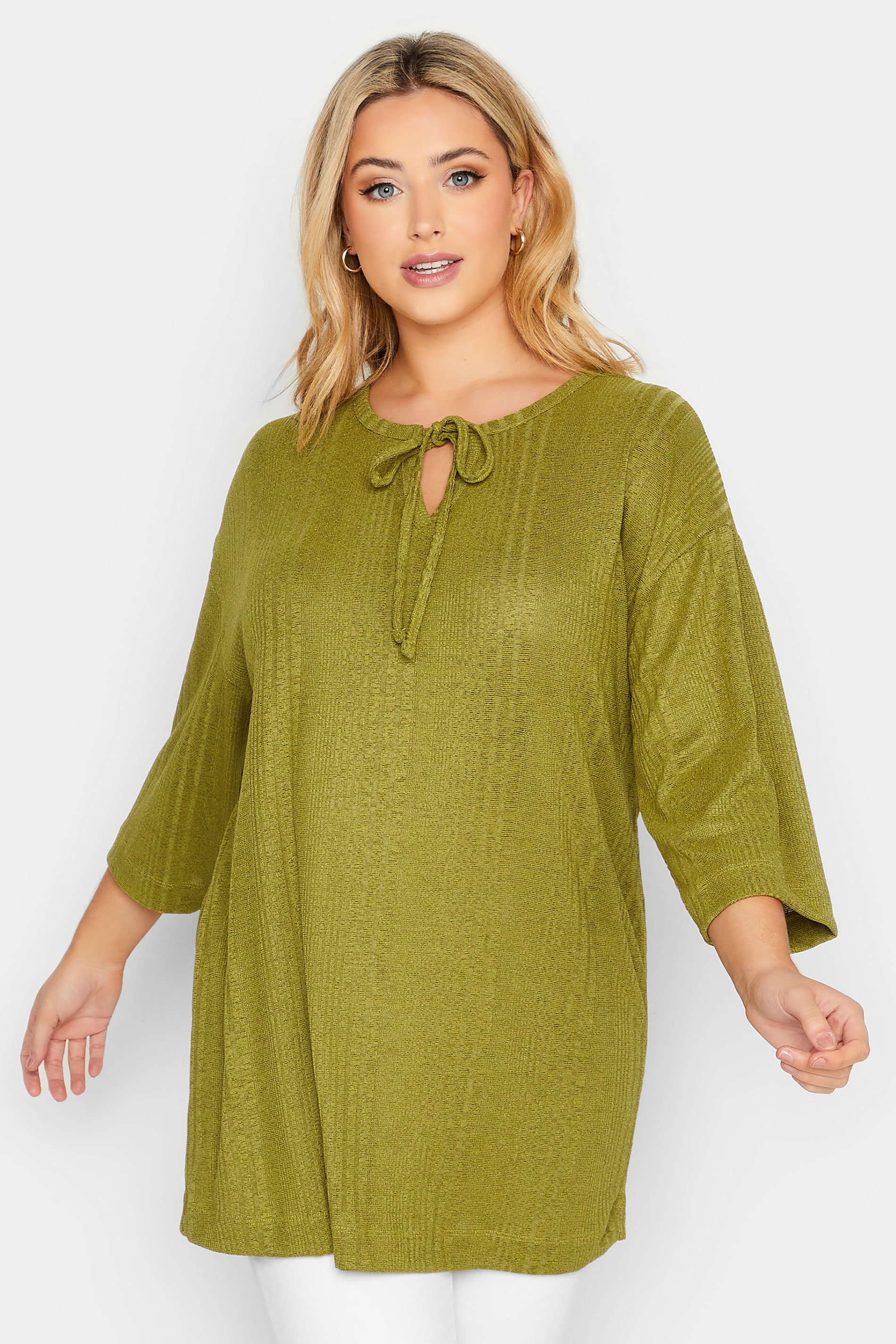 Plus Size Green Textured Tie Neck Top | Yours Clothing 1