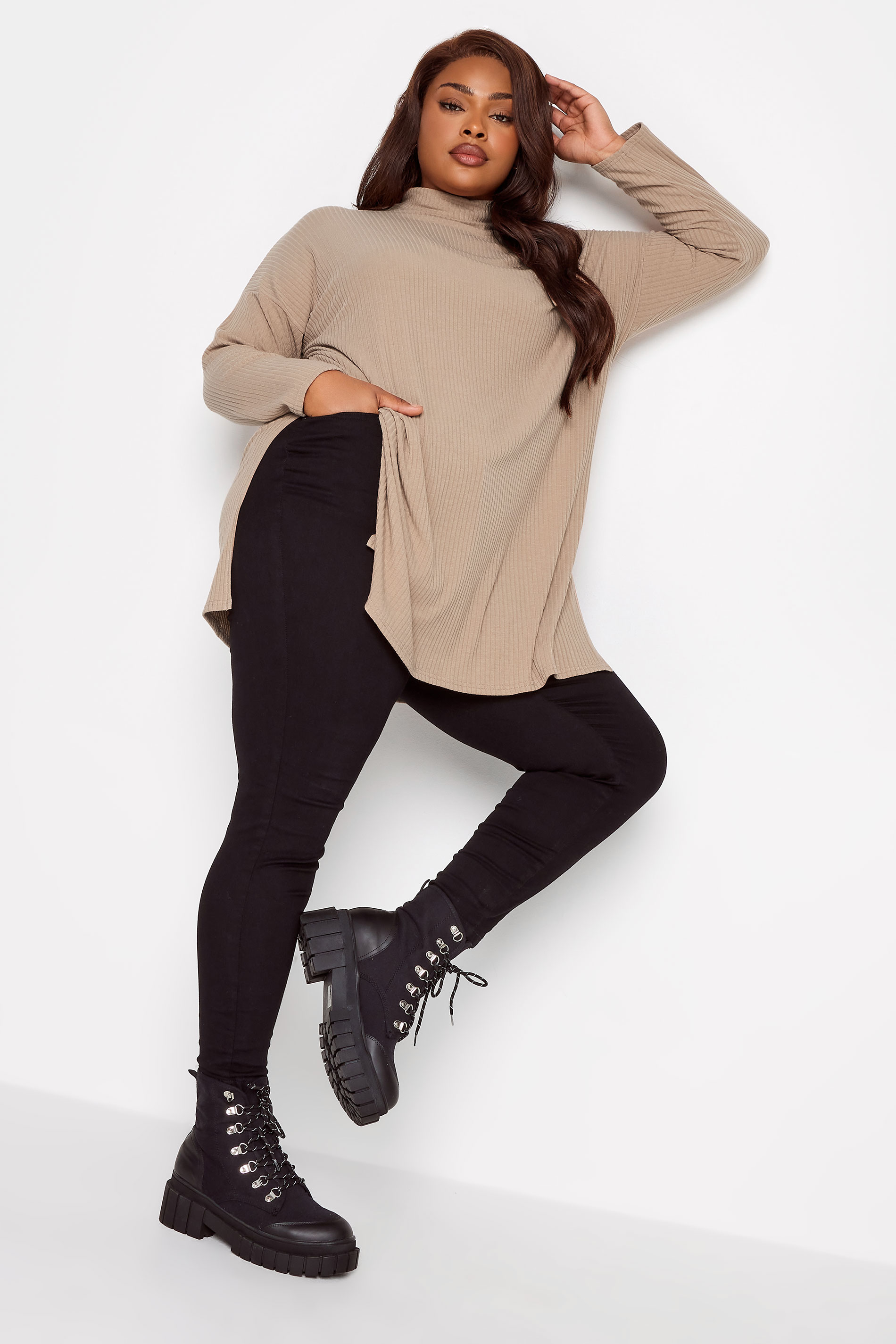 YOURS Plus Size Beige Brown Ribbed Turtle Neck Top | Yours Clothing 2