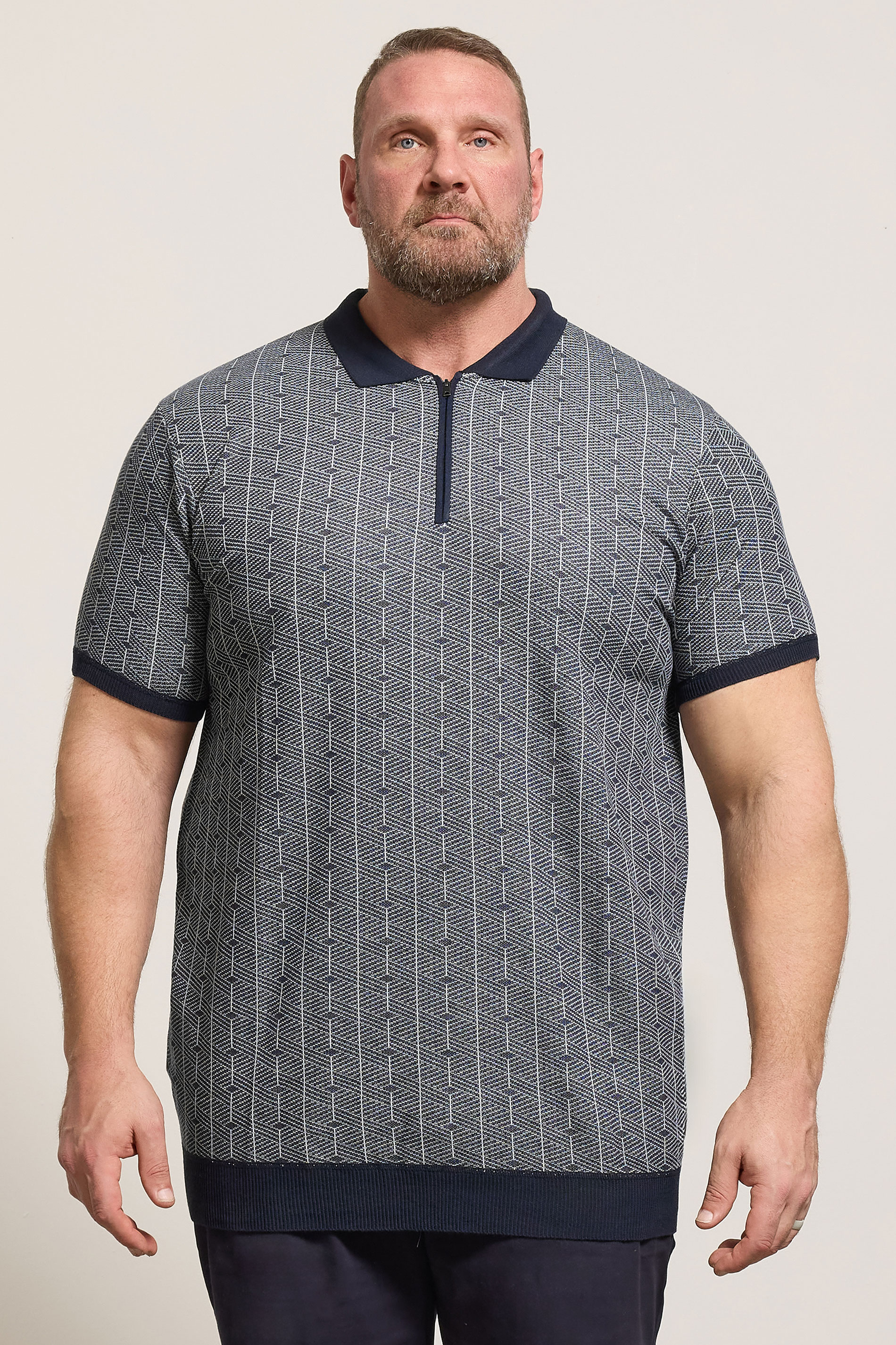 D555 Big & Tall Navy Blue Knitted Quarter Zip Polo Shirt | BadRhino 3
