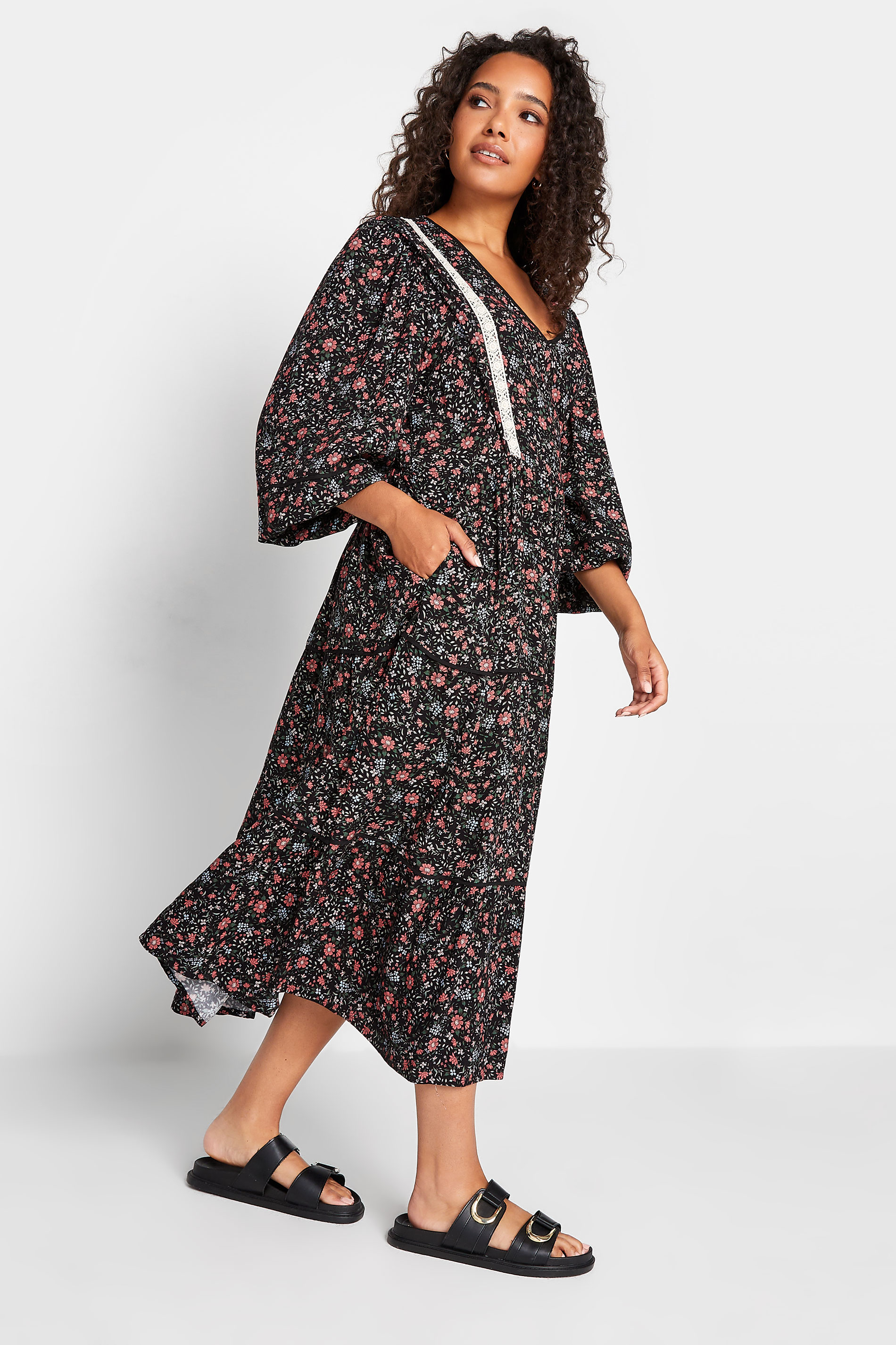 M&Co Black Floral Print Crochet Trim Midaxi Dress | M&Co 1