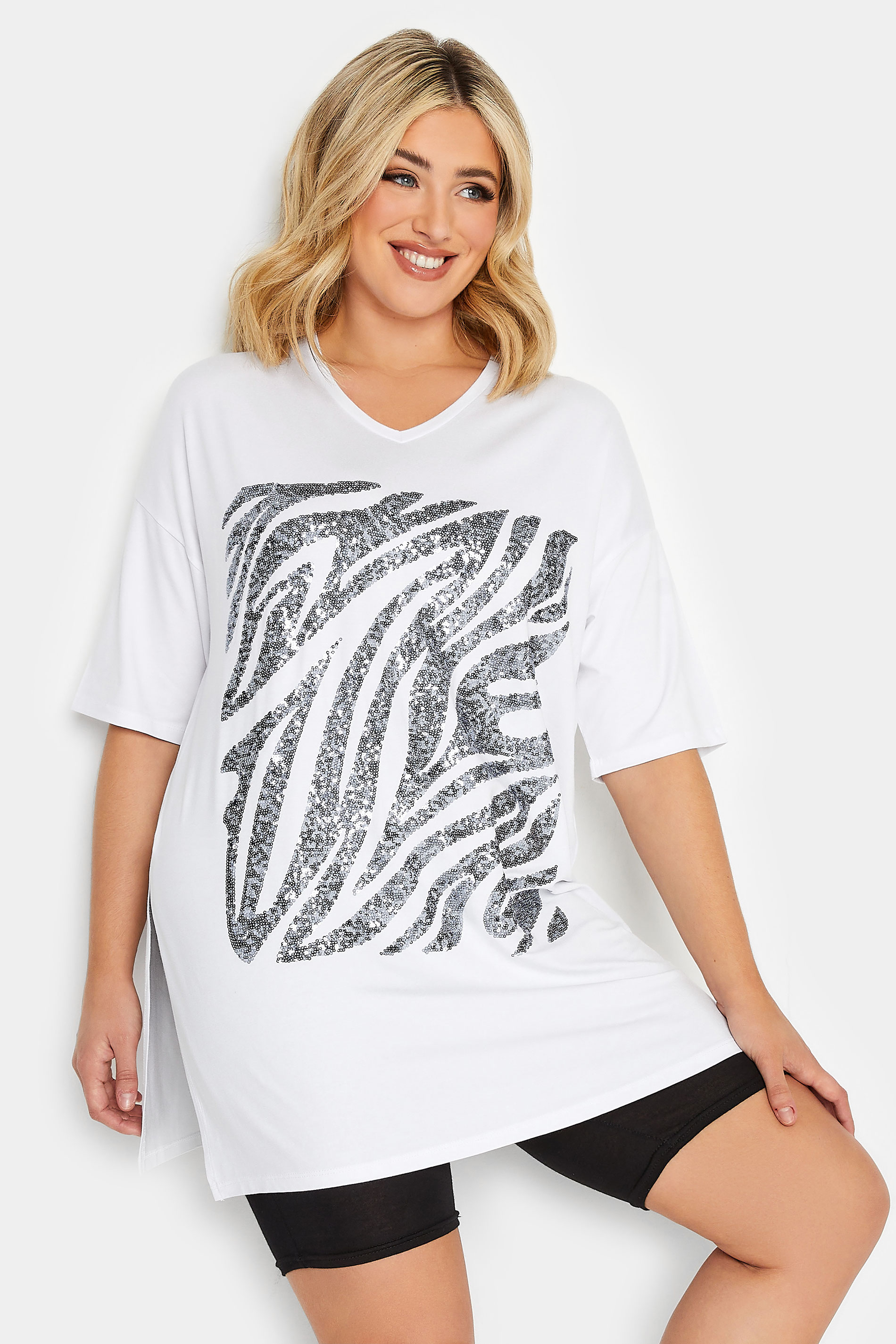 YOURS Plus Size White Zebra Print Sequin Top | Yours Clothing 2