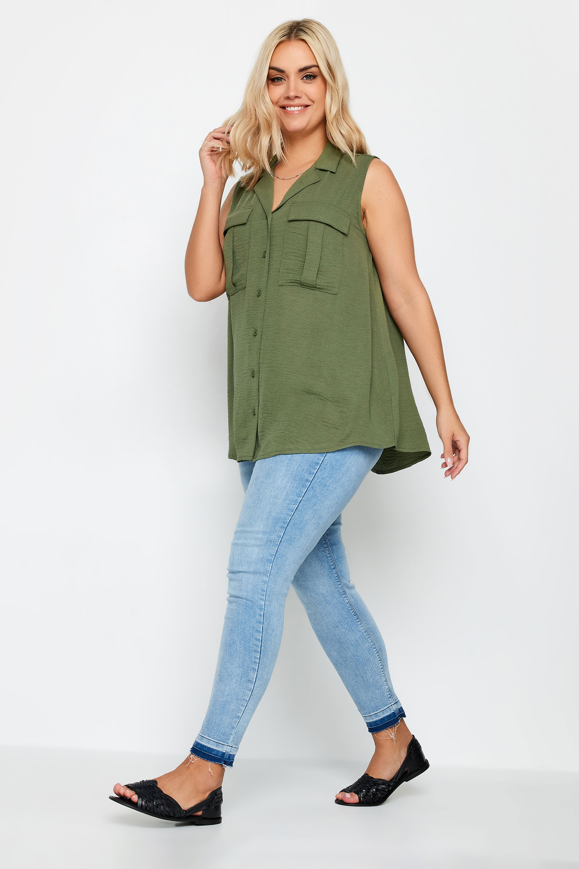 YOURS Plus Size Khaki Green Sleeveless Utility Shirt | Yours Clothing 2