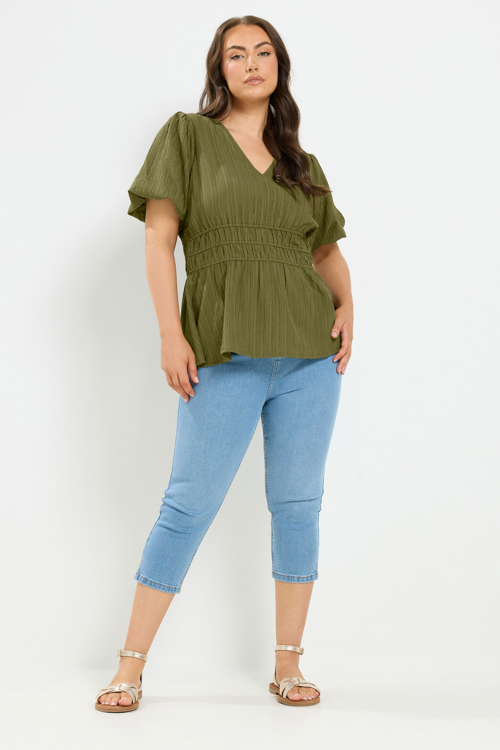 YOURS Plus Size Khaki Green Puff Sleeve Blouse | Yours Clothing 1