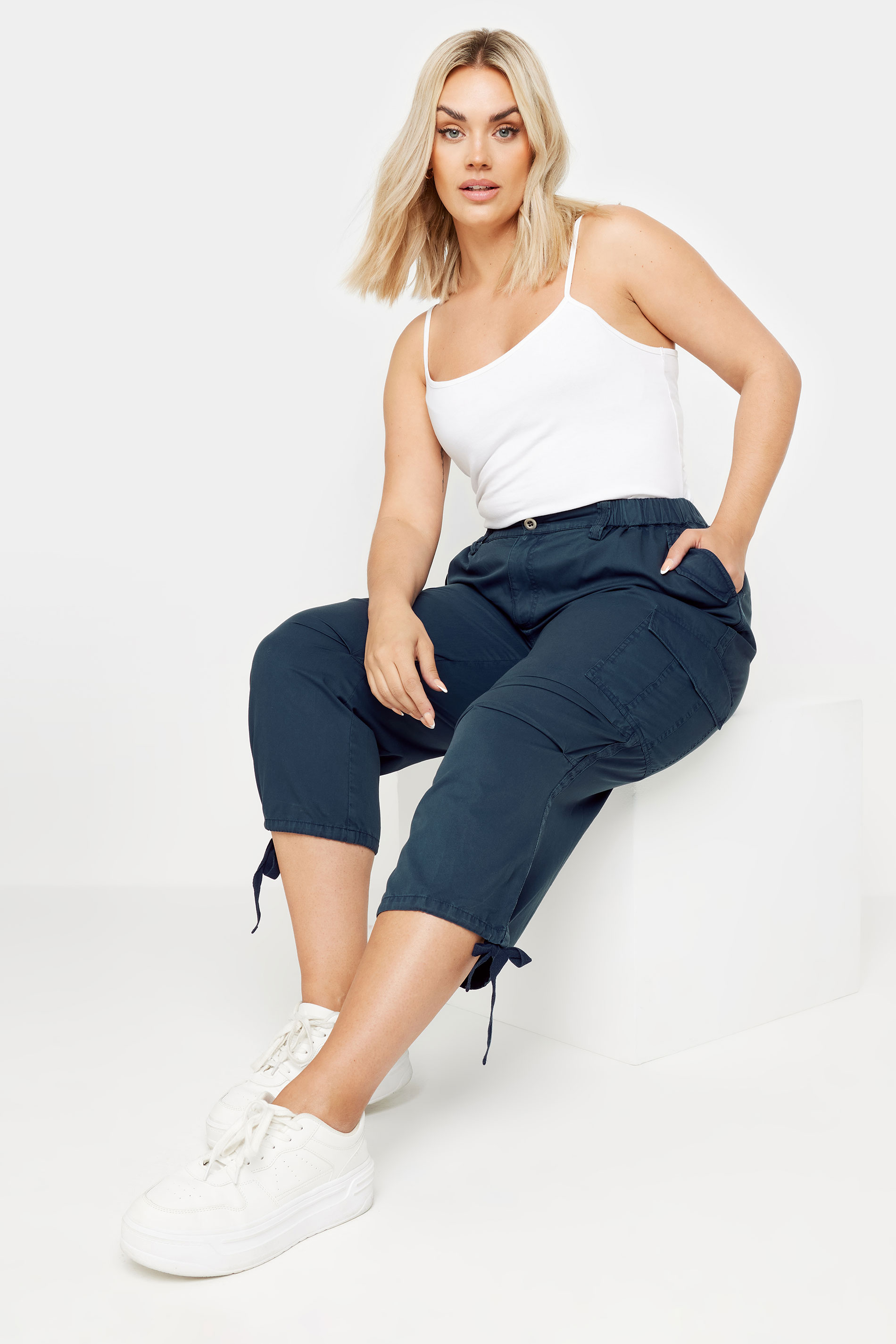YOURS Plus Size Navy Blue Cargo Cropped Trousers | Yours Clothing 2