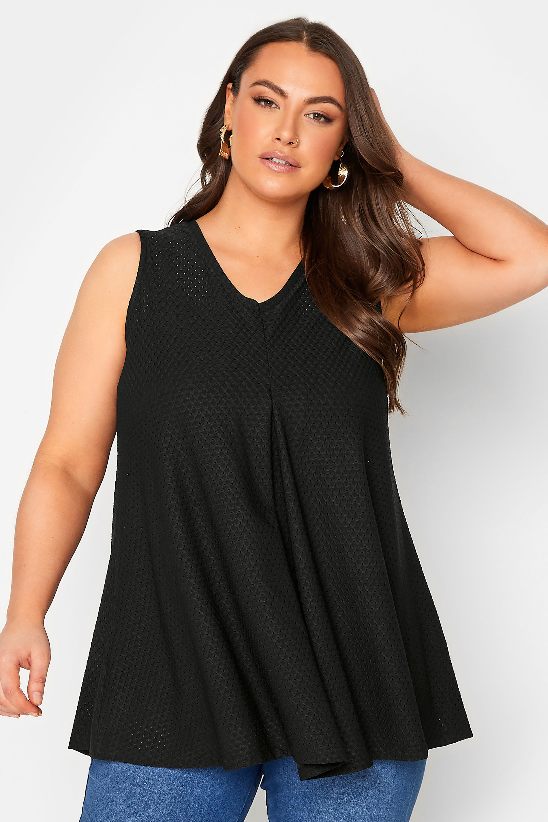 YOURS Curve Black Textured Pointelle Pleat Vest Top | Yours Clothing  1