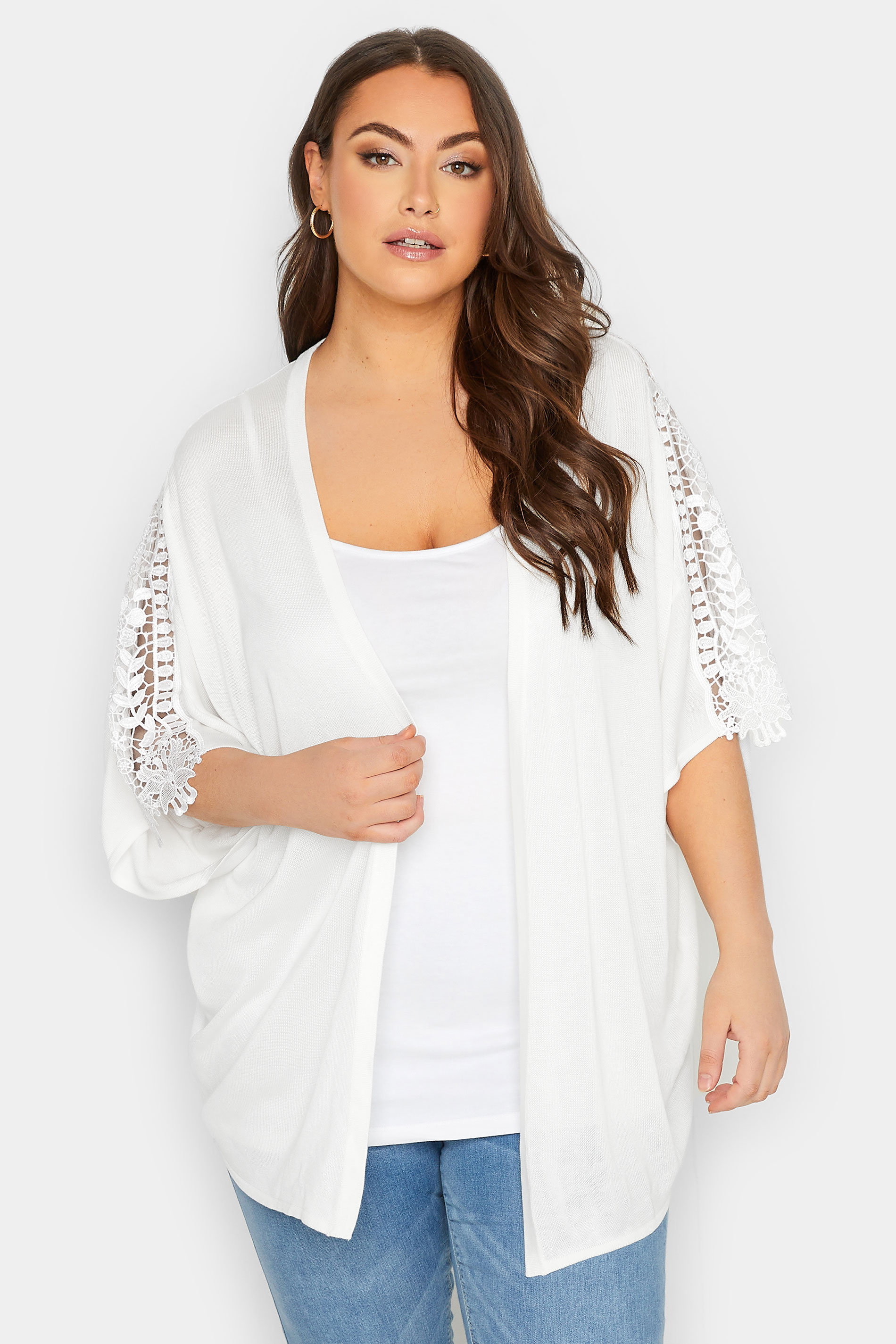 YOURS Plus Size White Crochet Sleeve Kimono | Yours Clothing 1