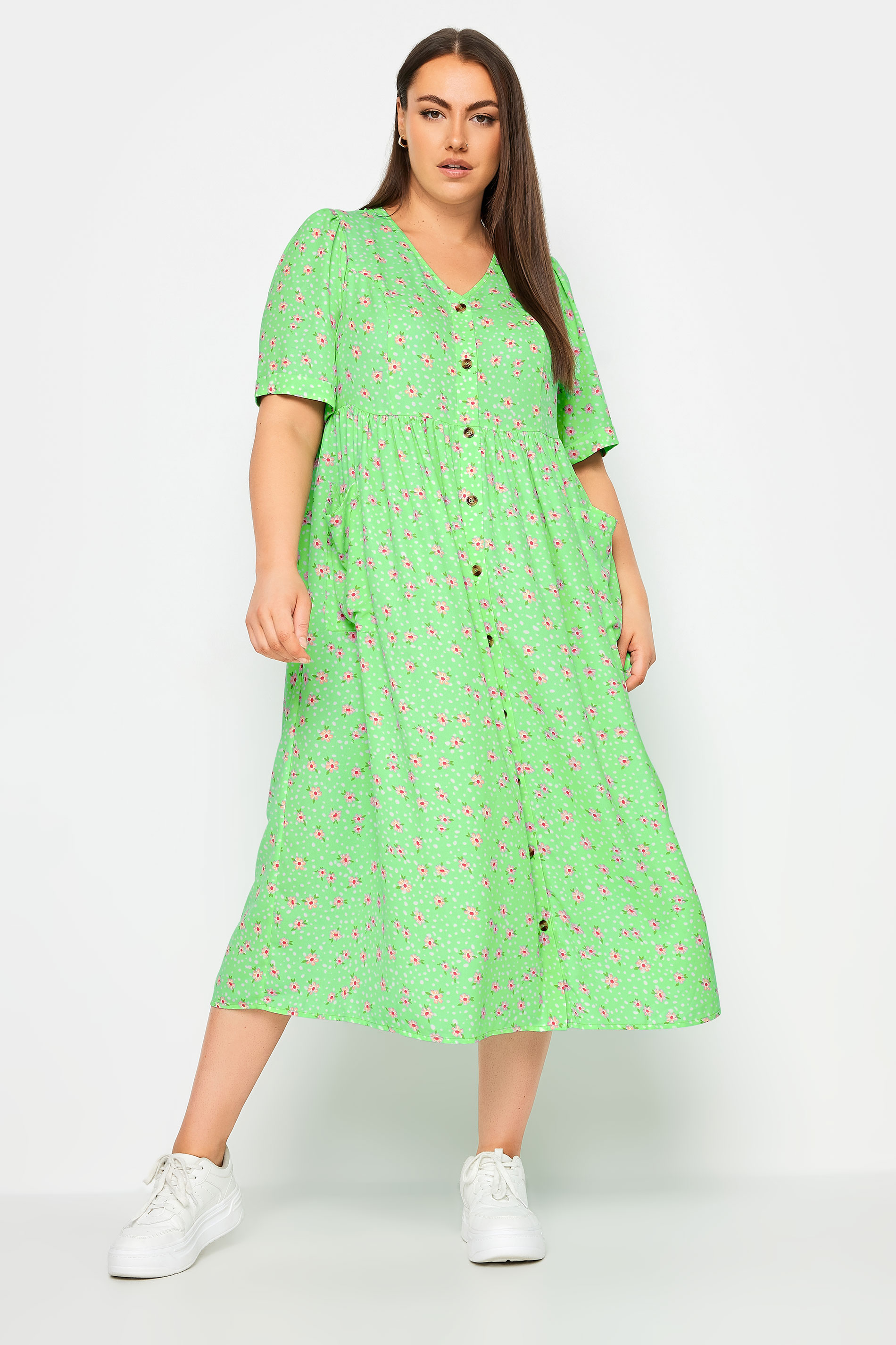 YOURS Curve Green Floral Print Smock Midaxi Dress | Yours Clothing 3