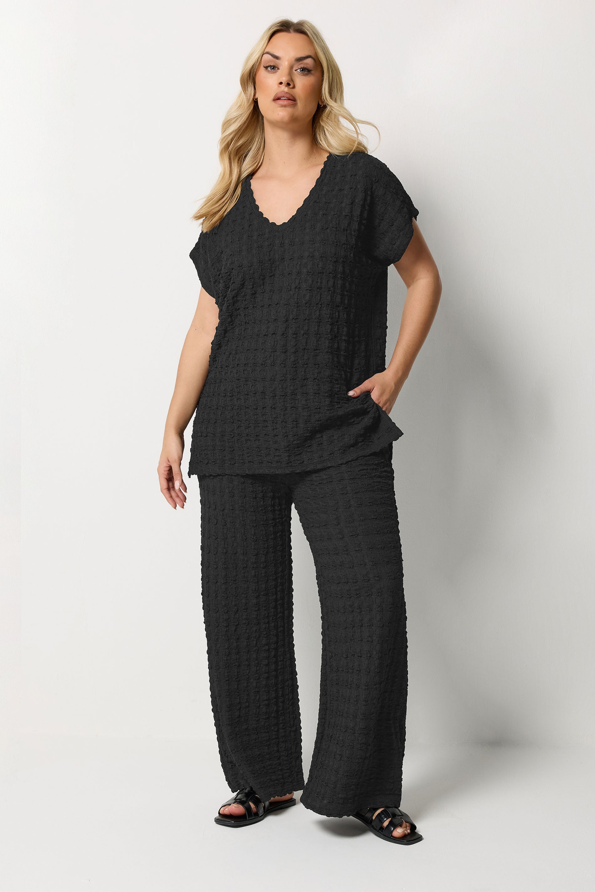 Yours Plus Size Black Set Bubble Textured Top & Trousers | Yours Clothing 3
