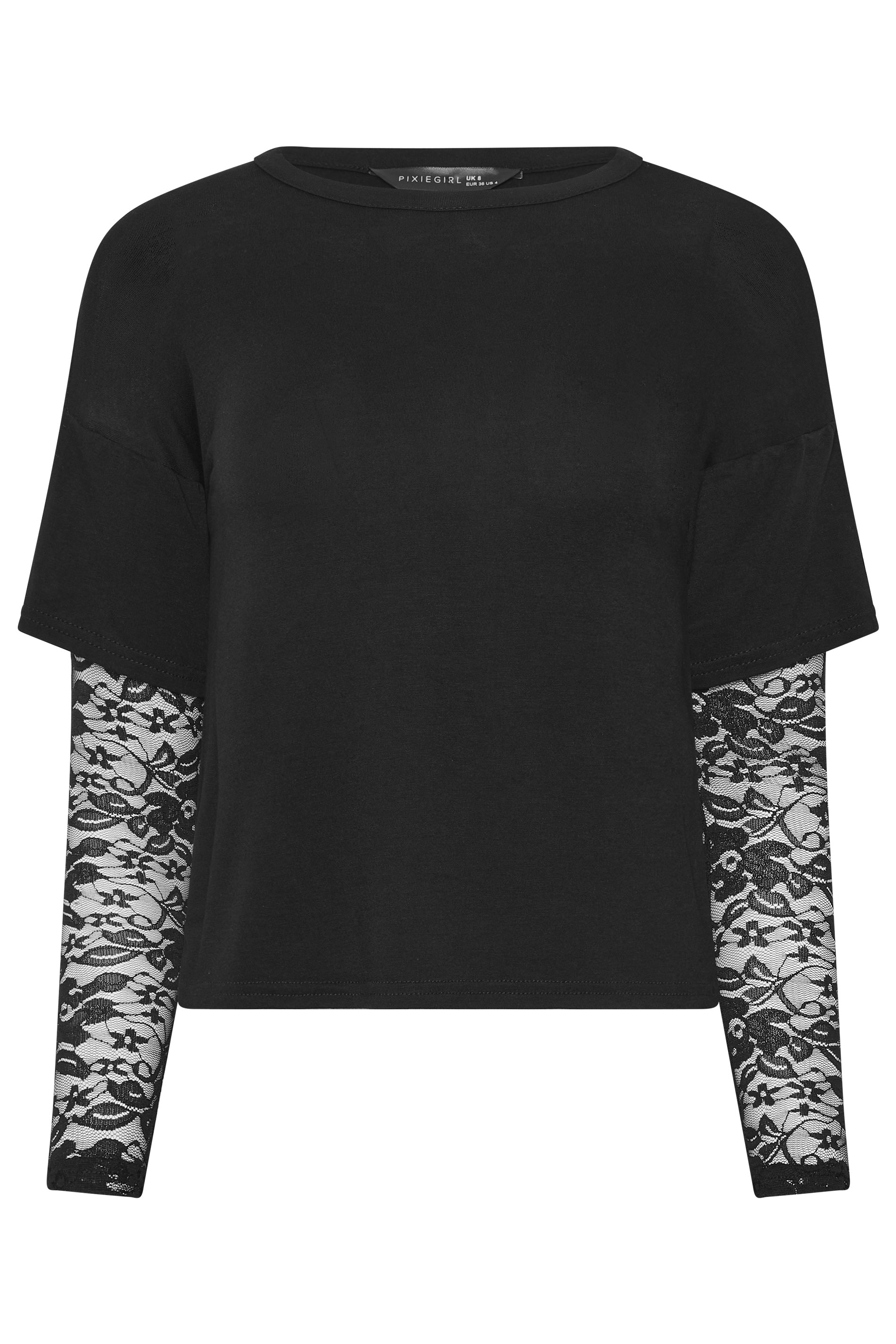 PixieGirl Petite Women's Black Lace Sleeve T-Shirt | PixieGirl 5