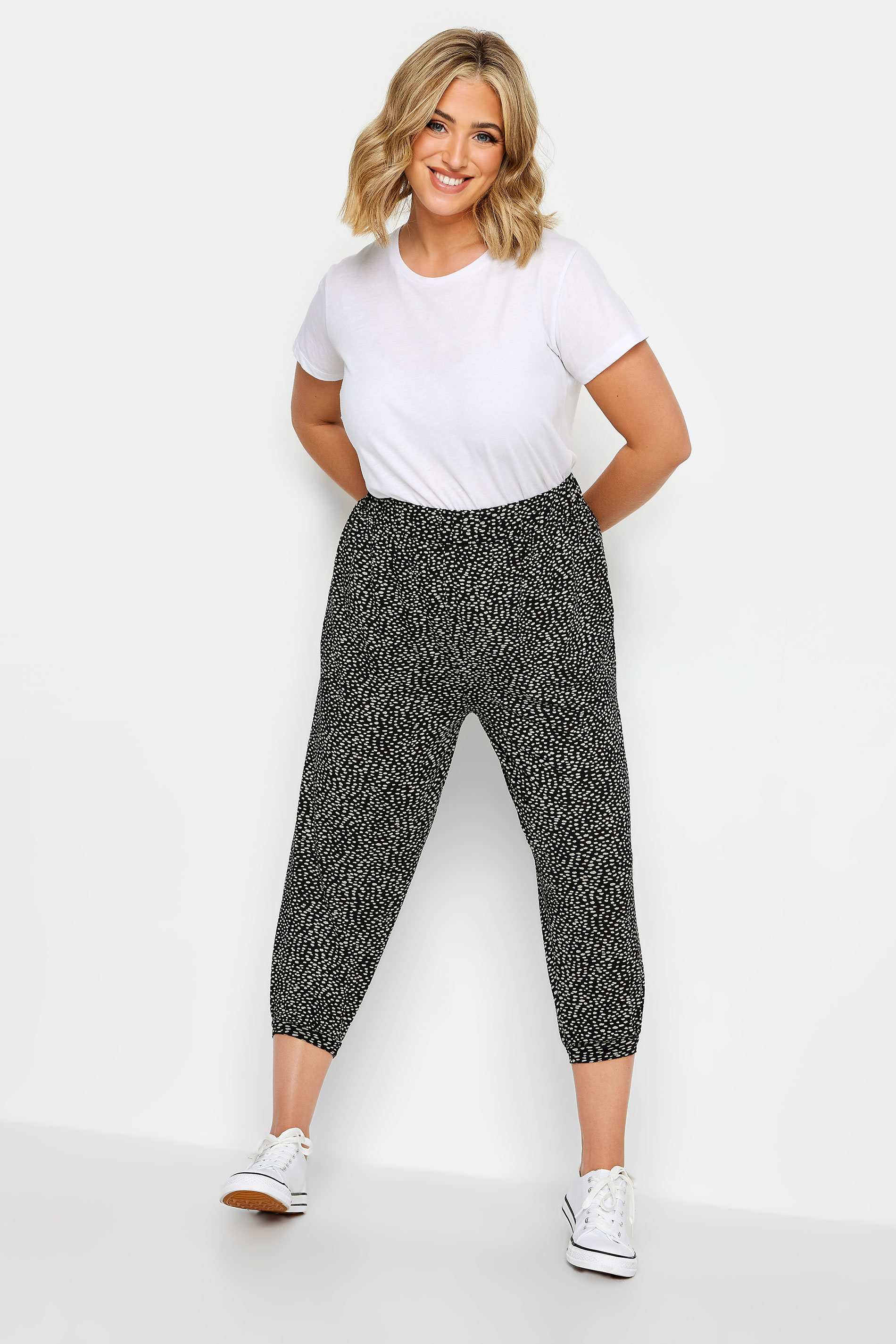 YOURS Plus Size Black Spot Print Cropped Harem Joggers | Yours Clothing 2