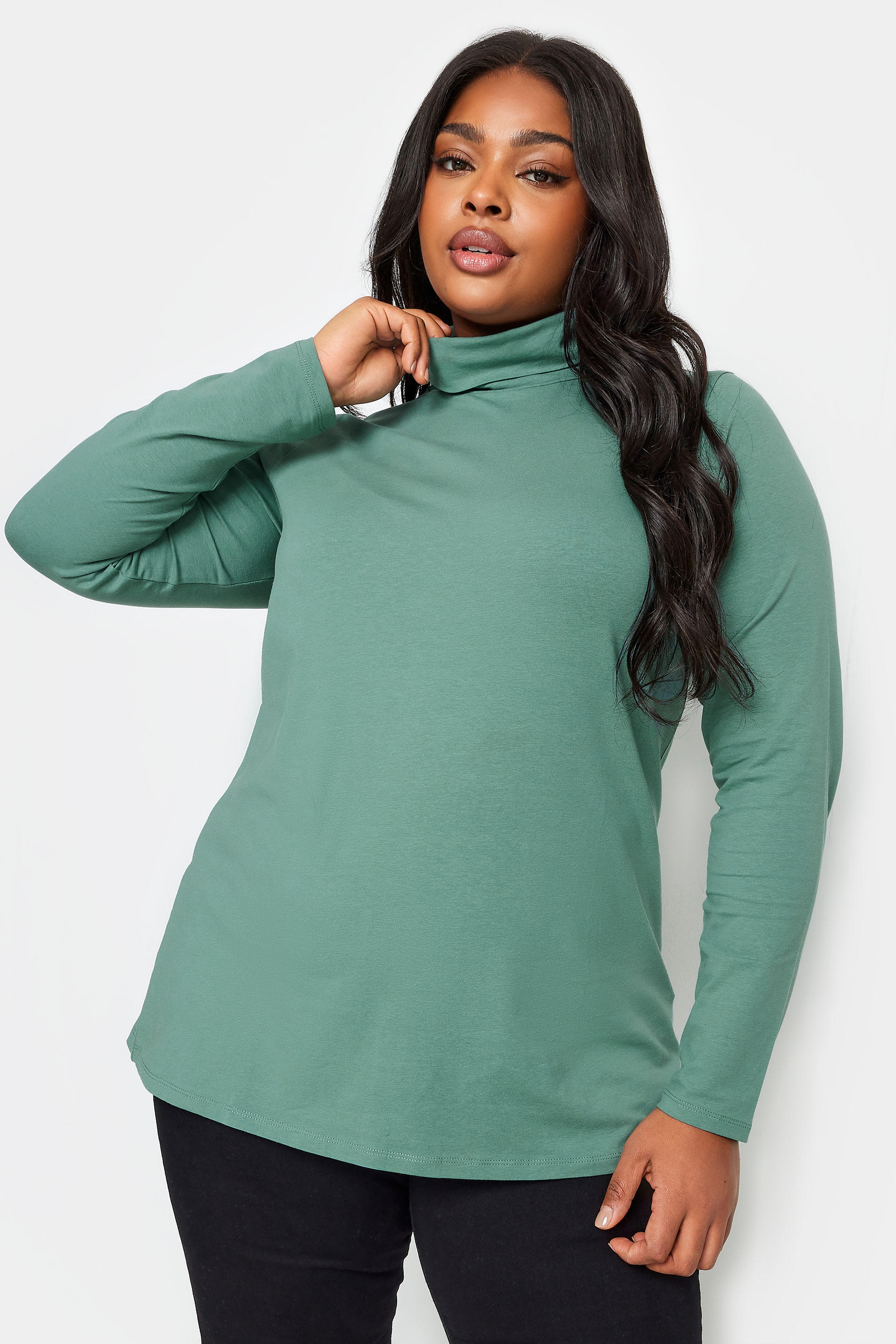 YOURS Plus Size Green Long Sleeve Turtle Neck Top | Yours Clothing 1
