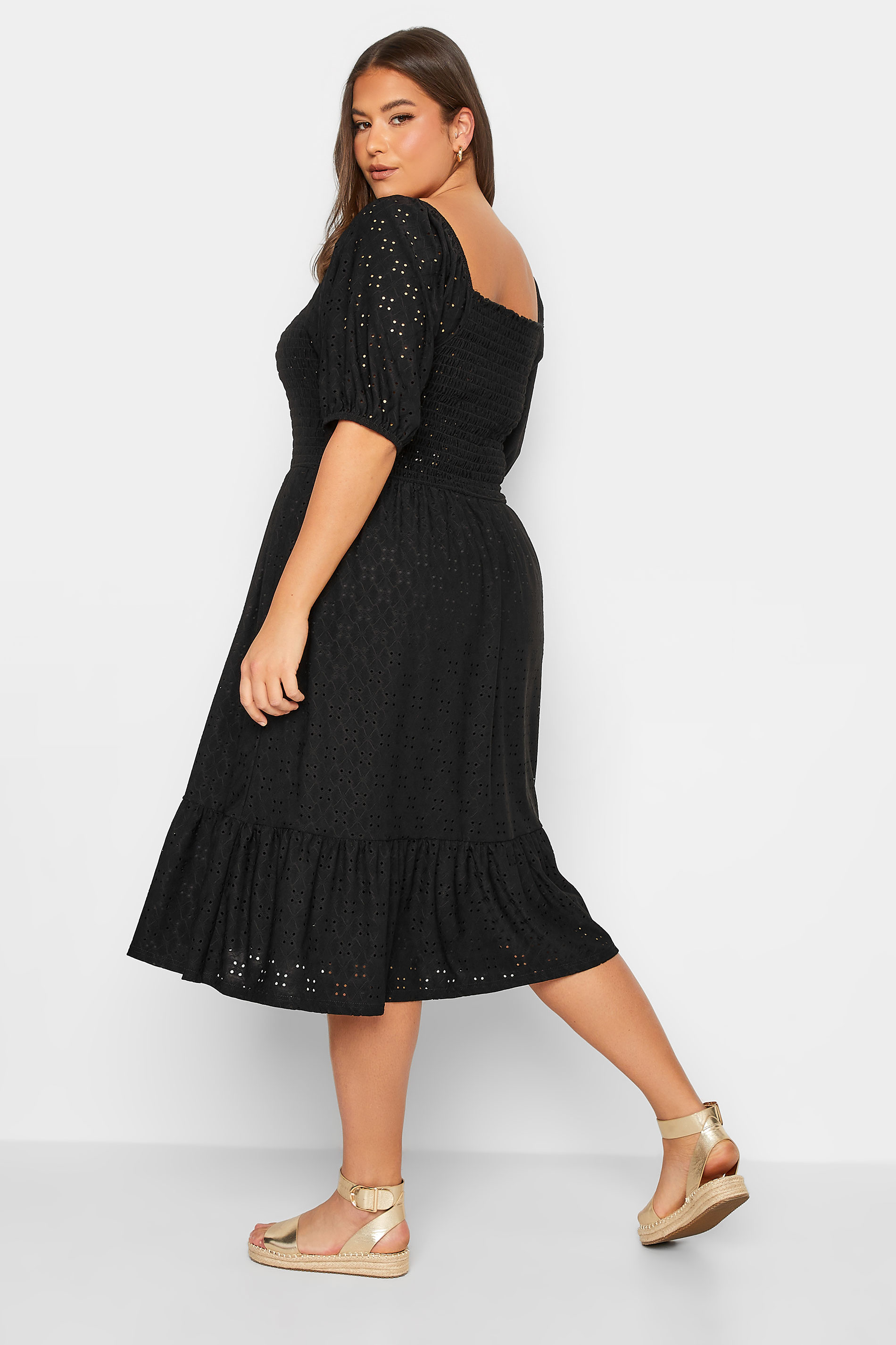 YOURS Curve Plus Size Black Shirred Broderie Anglaise Midaxi Dress | Yours Clothing 3