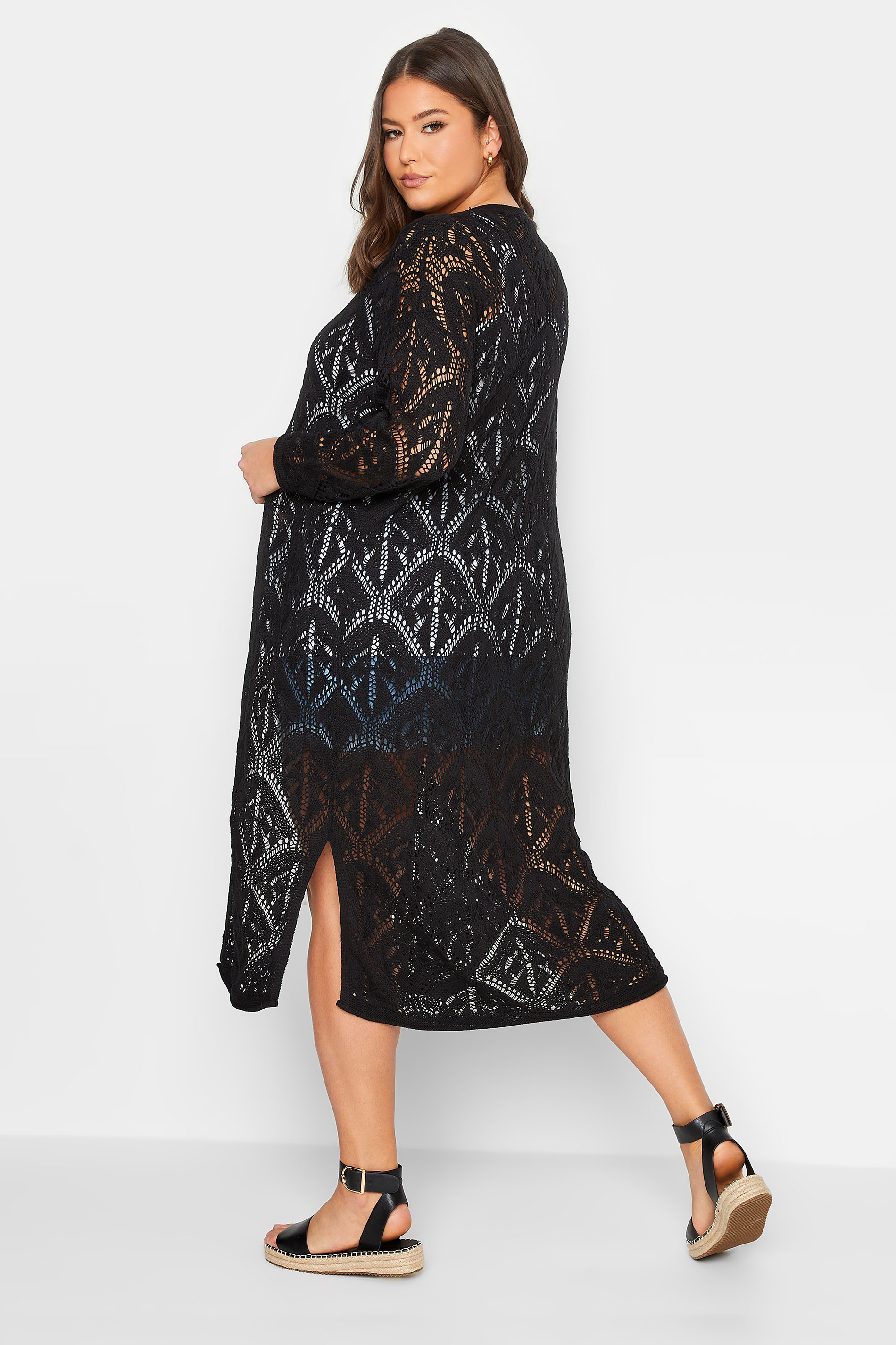 YOURS Plus Size Black Crochet Maxi Cardigan | Yours Clothing 3