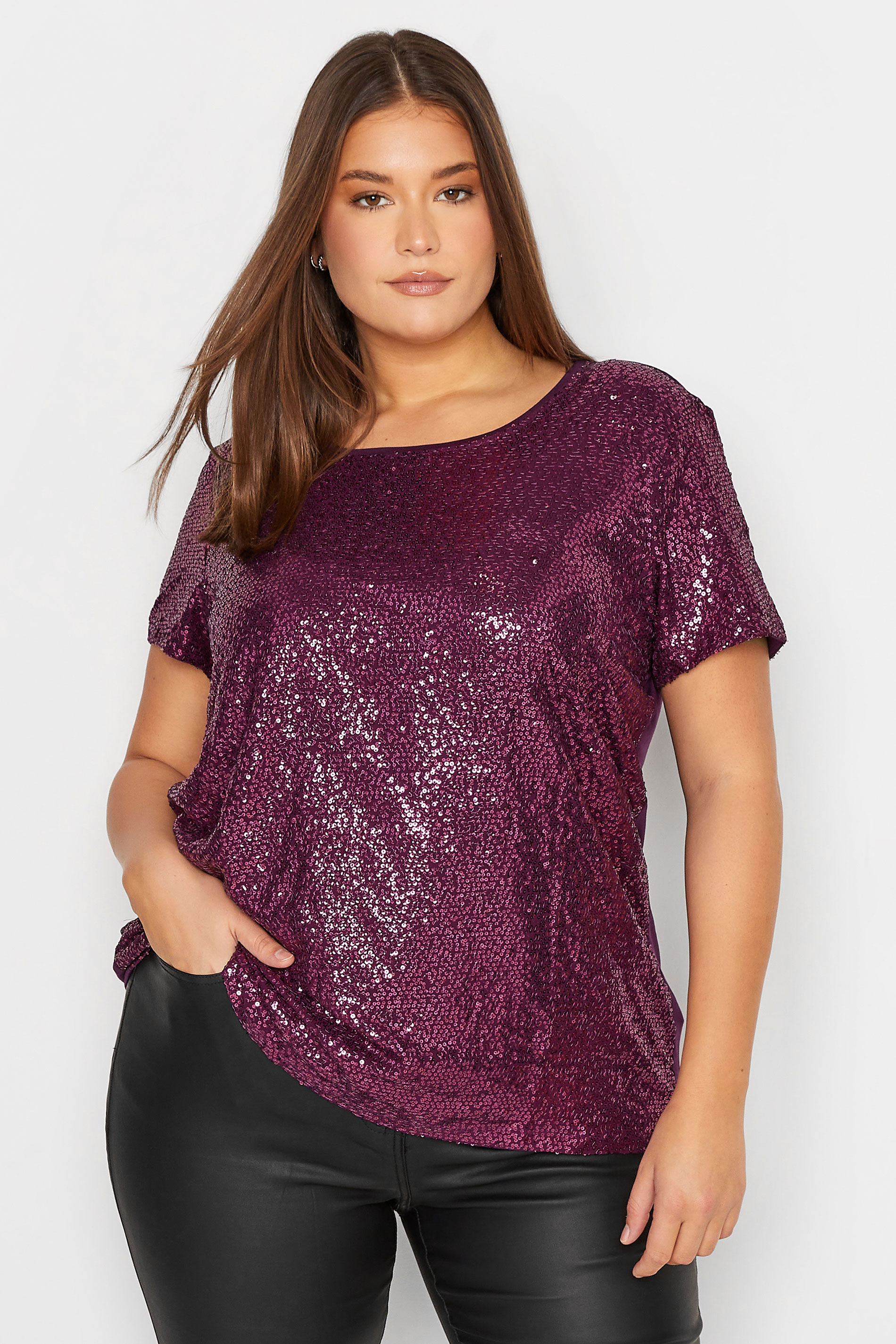 LTS Tall Women's Purple Sequin Embellished Boxy T-Shirt | Long Tall Sally 1